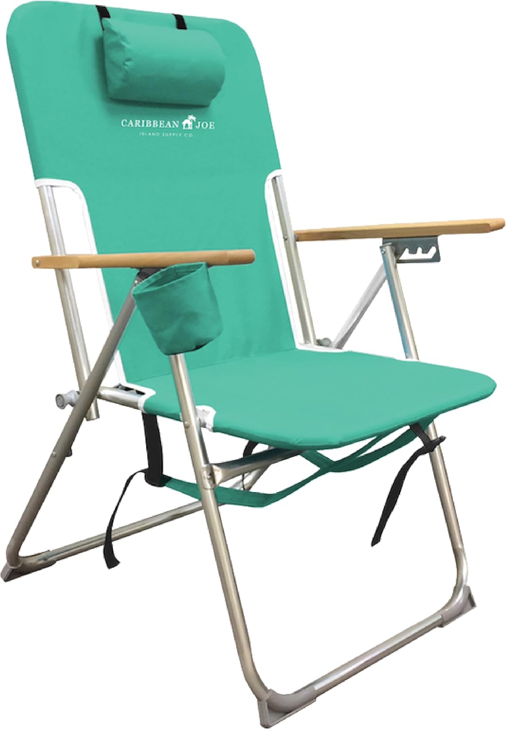 folding beach chair, 4 position portable backpack foldable camping chair with headrest, cup holder, and wooden armrests, 300 lb capacity
