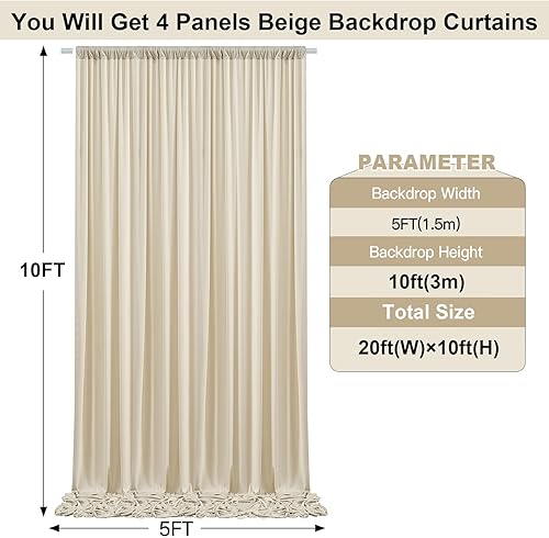 Miniatura 5 de NSSONBEN Cortinas de fondo beige sin arrugas de 20 x 10 pies para fiestas, 4 paneles de 5 x 10 pies de poliéster suave y sedoso para fotos de