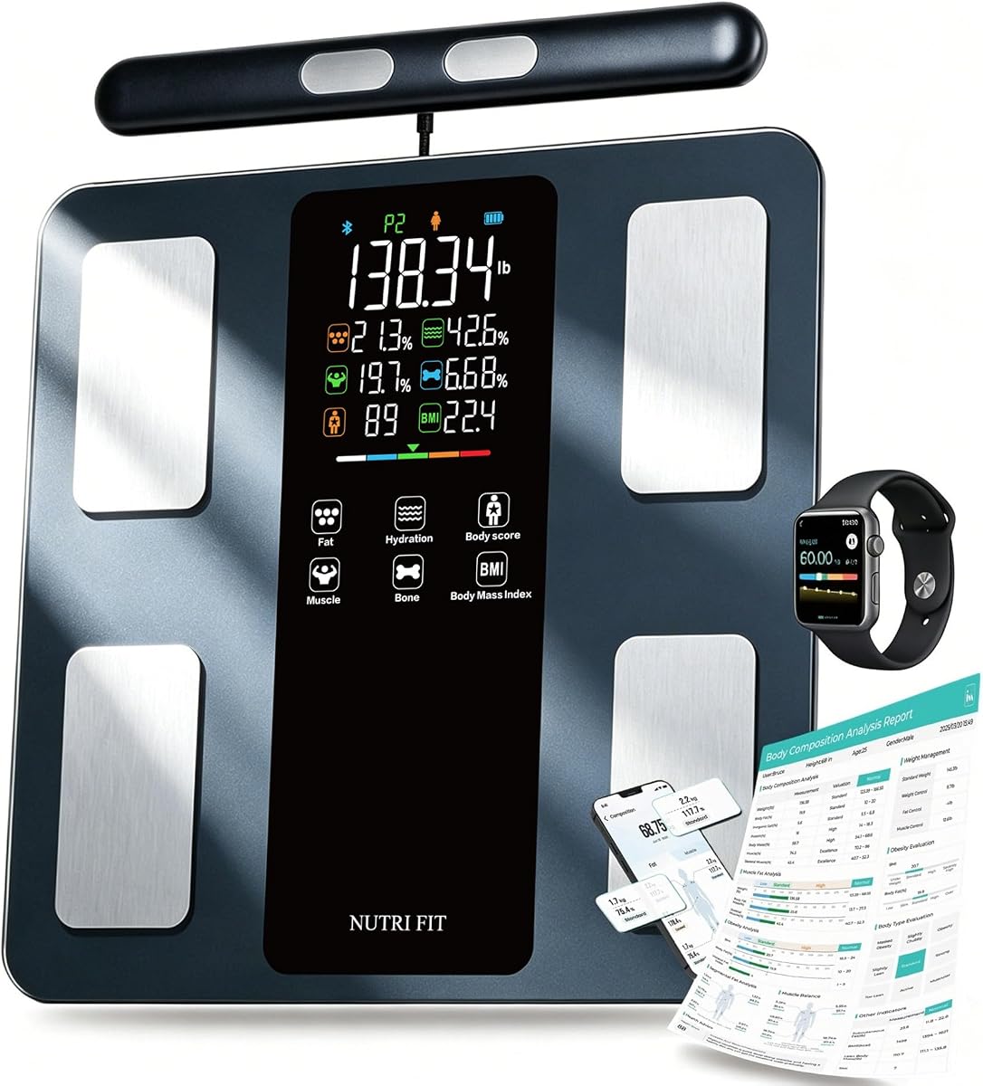 Báscula inteligente para peso corporal Báscula de baño digital de 8 electrodos | Analizador de composición corporal completa, sincronización Bluetooth con aplicación, pantalla VA, máx. 400 lb, masa muscular IMC grasa, análisis del torso, alta precisión