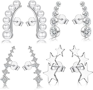 4 Pairs Ear Crawler Earrings for Women Girls Hypoallergenic Stud Earrings 925 Sterling Silver Post Pearl Ear Cuff Crystal Zirconia Star Climber Earrings Cartilage Crawler Stud Earrings Set