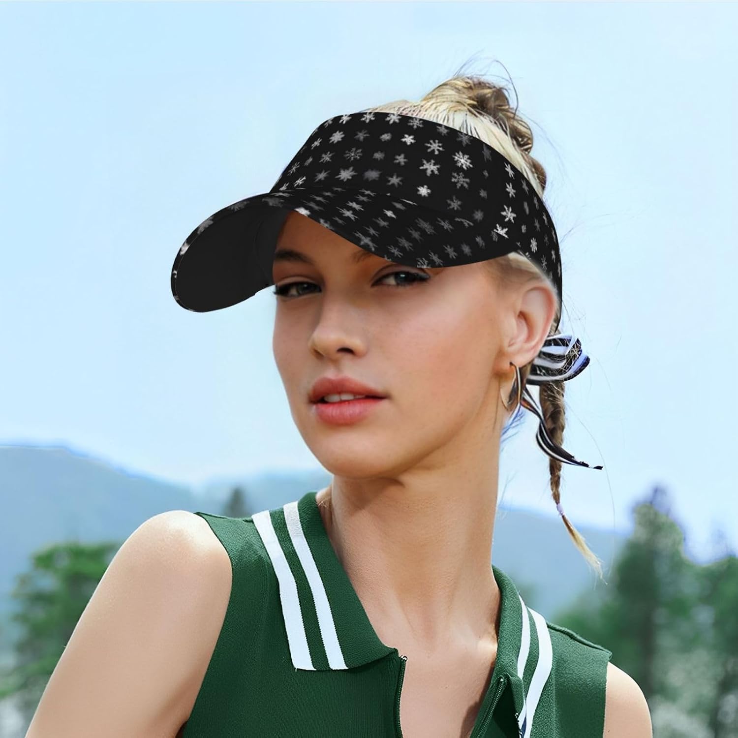 (Black & White Snow) Adult Sun Visor Hat Adjustable Open Top Sports Cap Breathable for Men Women Beach Vacation Essentials
