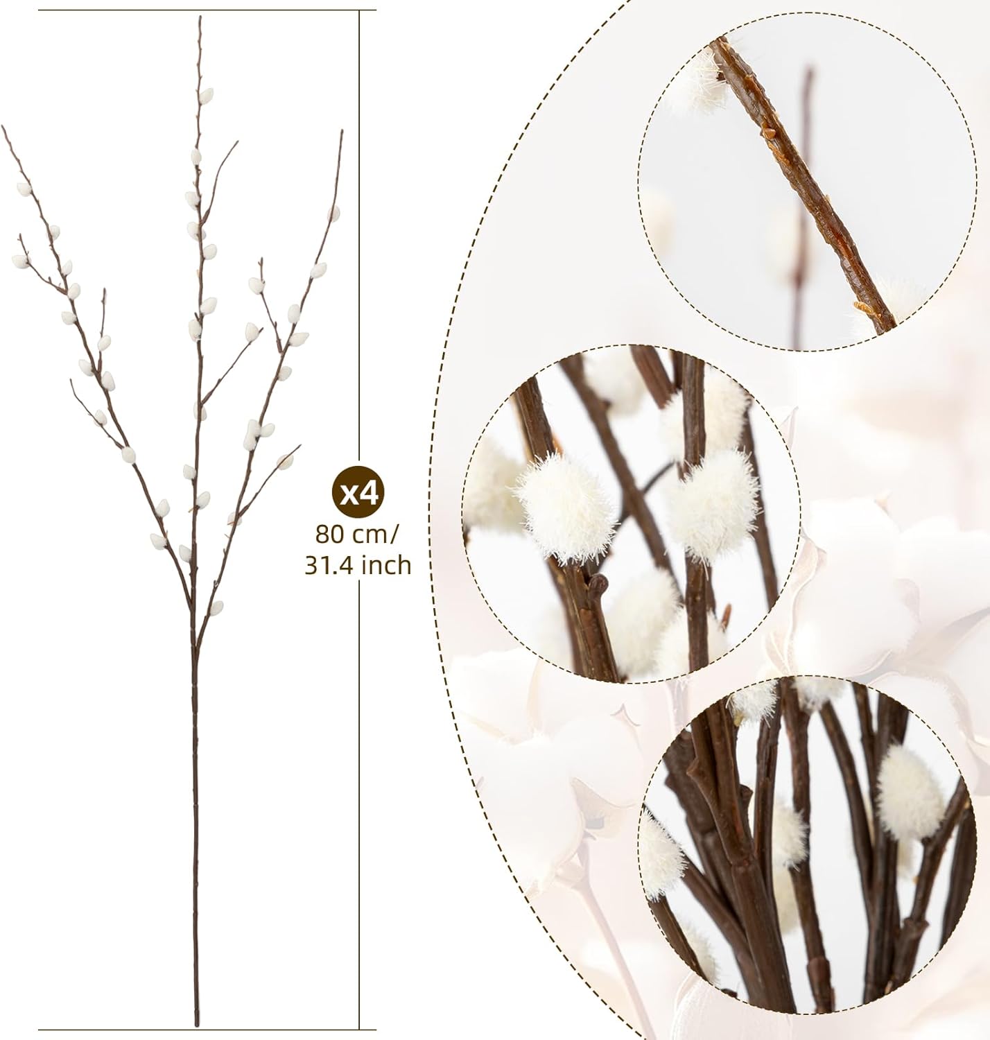 4Pcs 31.4Inch Artificial Pussy Willow Branches for Vases Faux Pussy Willow Stems for Home Wedding Centerpieces Arrangements Party Garden Decor