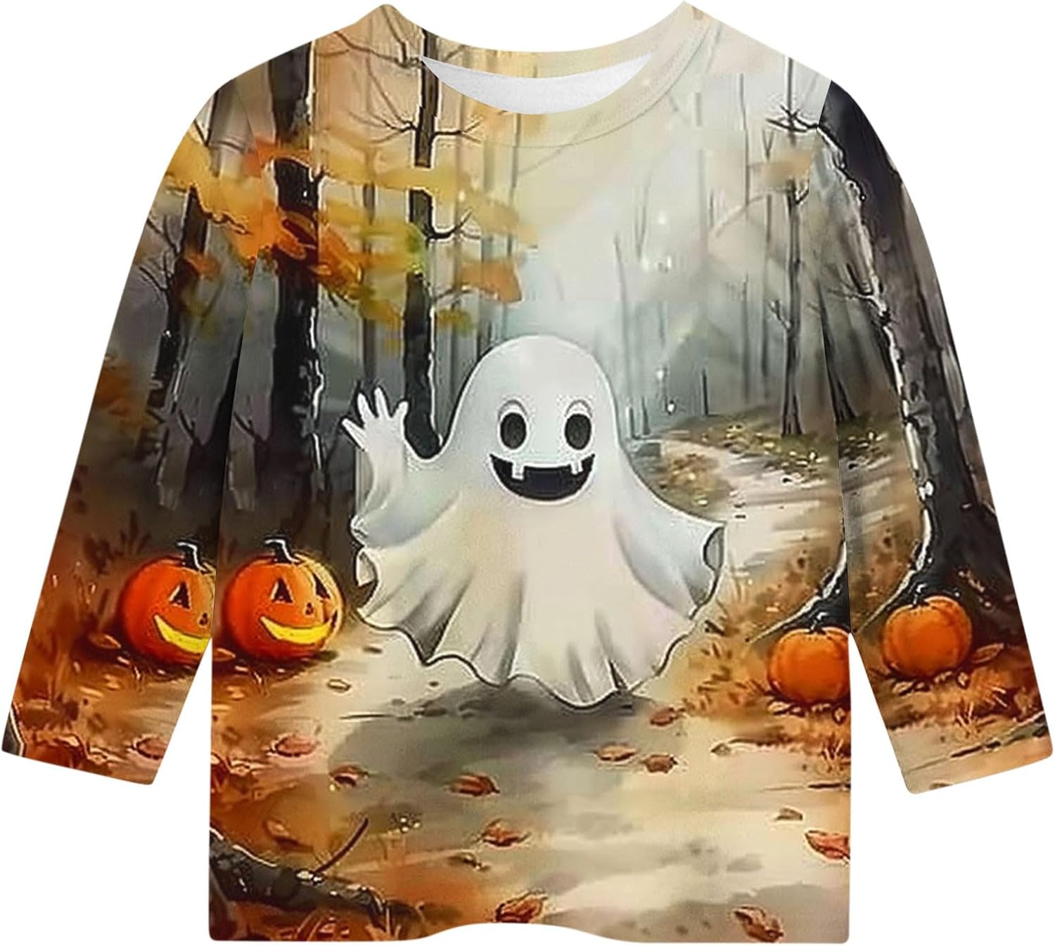Girls Cute Book Ghost Grid Halloween Long Sleeve Pullover Tee