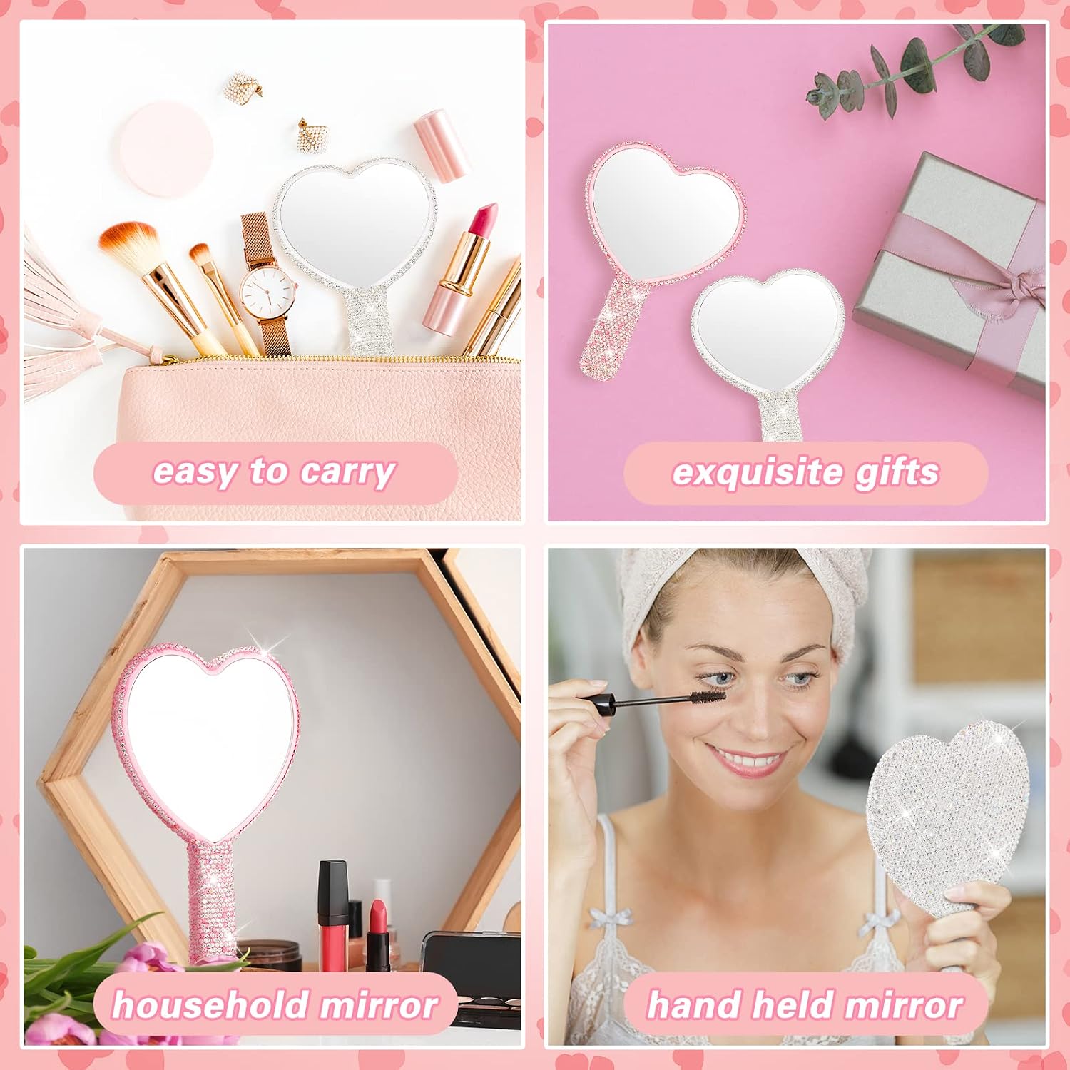 Tatuo 2 Pcs Large Rhinestone Handheld Mirror Heart Shaped Bling Glitter Portable Cosmetic Hand Mirror with Handle for Women Make up Brush Lash(Pink and White)