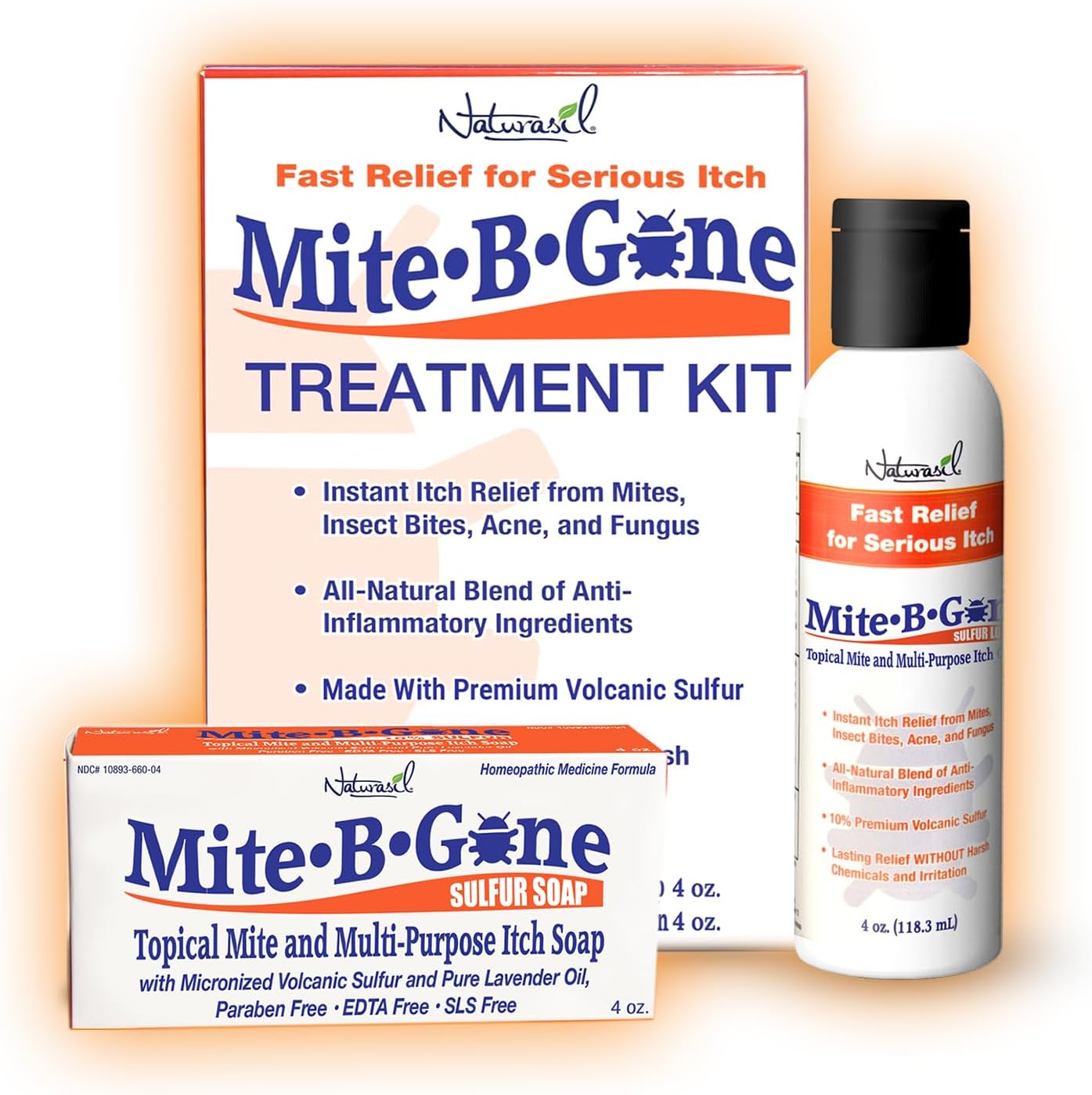 Naturasil Mite-B-Gone Mite Treatment Kit | Fast-Acting 10x Sulfur Lotion & Soap | Fast-Relief for Human Mites, Bug Bites, Itching Redness & Irritation | Safe for Kids and Adults