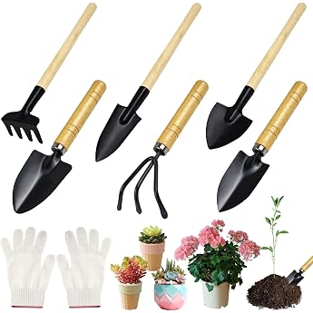 Garden Tool Set 6-Piece Mini Garden Shovel Rake & Spade with Wooden Handle For Bonsai Potted Flowers Transplanting Handheld Garden Tools Premium