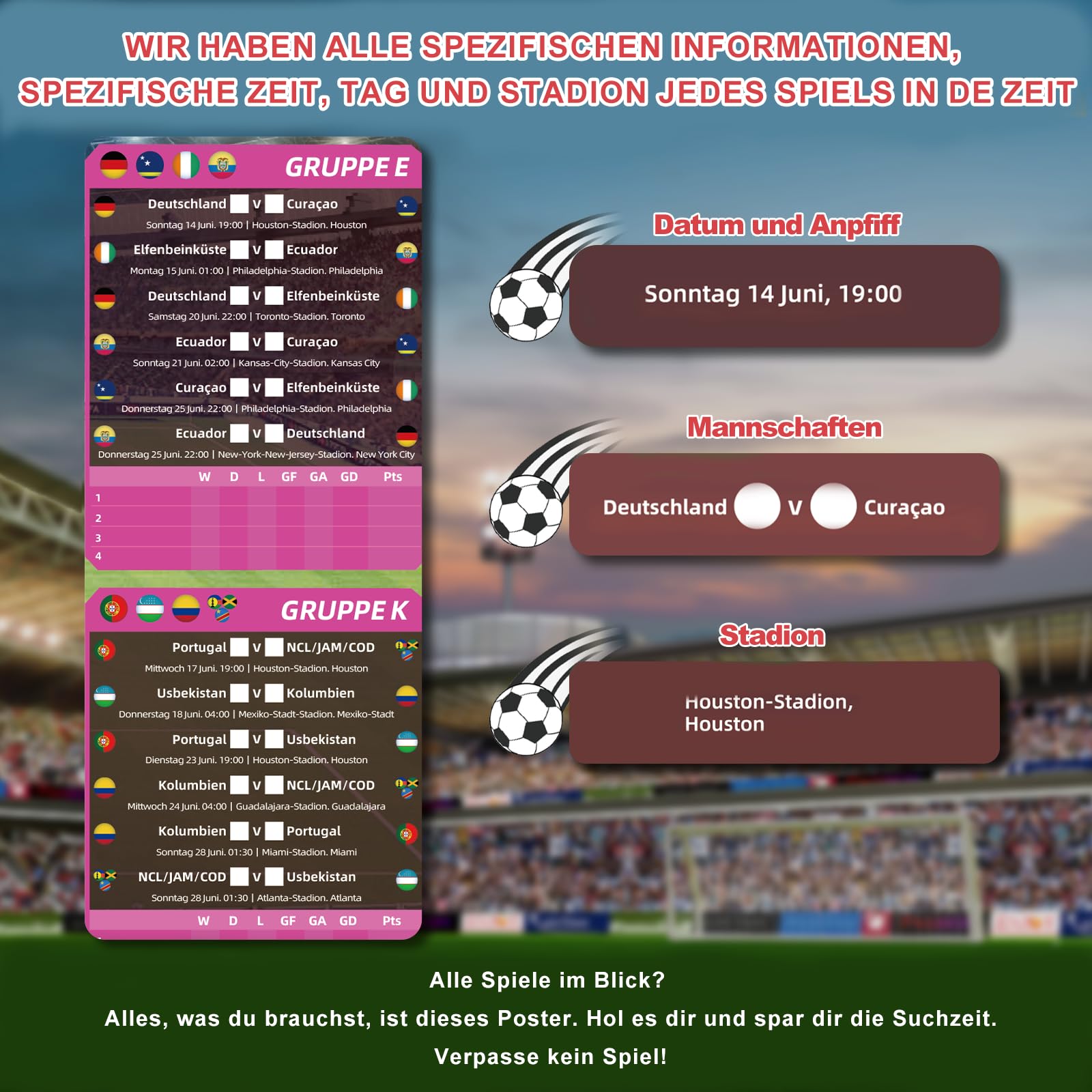 AhfuLife Fußball Spielplan 2026 Poster für Deko WM Fußball Party - Wiederverwendbar Fussball Planer - Enthält 48 Mannschaften Gruppen Knockout und Finale alle Ergebnisse der Spiele (A1 - Gefaltet) - 3
