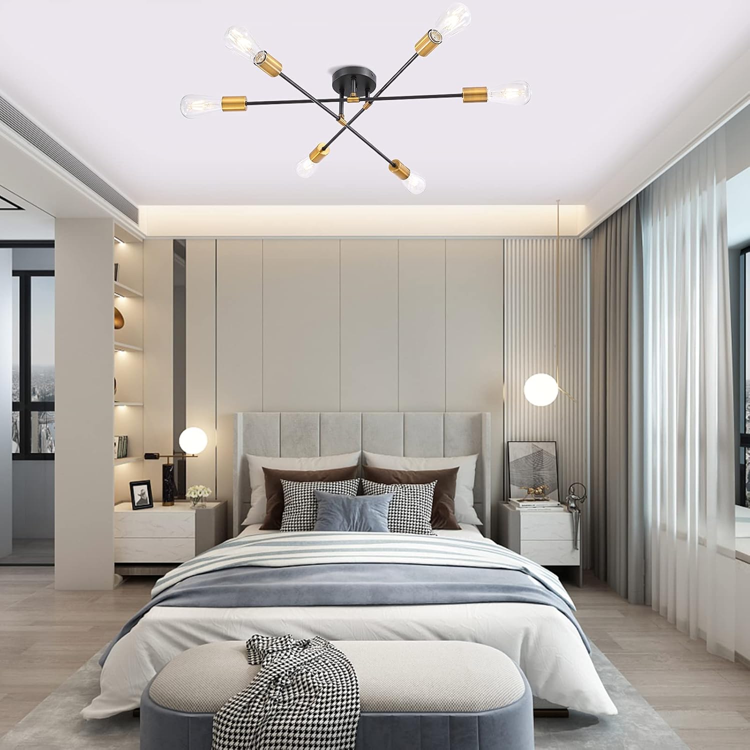 Tech Deals 🔥 Modern Sputnik Chandelier, Semi-Flush Mount Ceiling Light, Black & Gold Pendant Light Fixtures, 6 Lights Industrial Vintage Ceiling Light Fixture for Foyer Hallway Dining Living Room Kitchen Bedroom