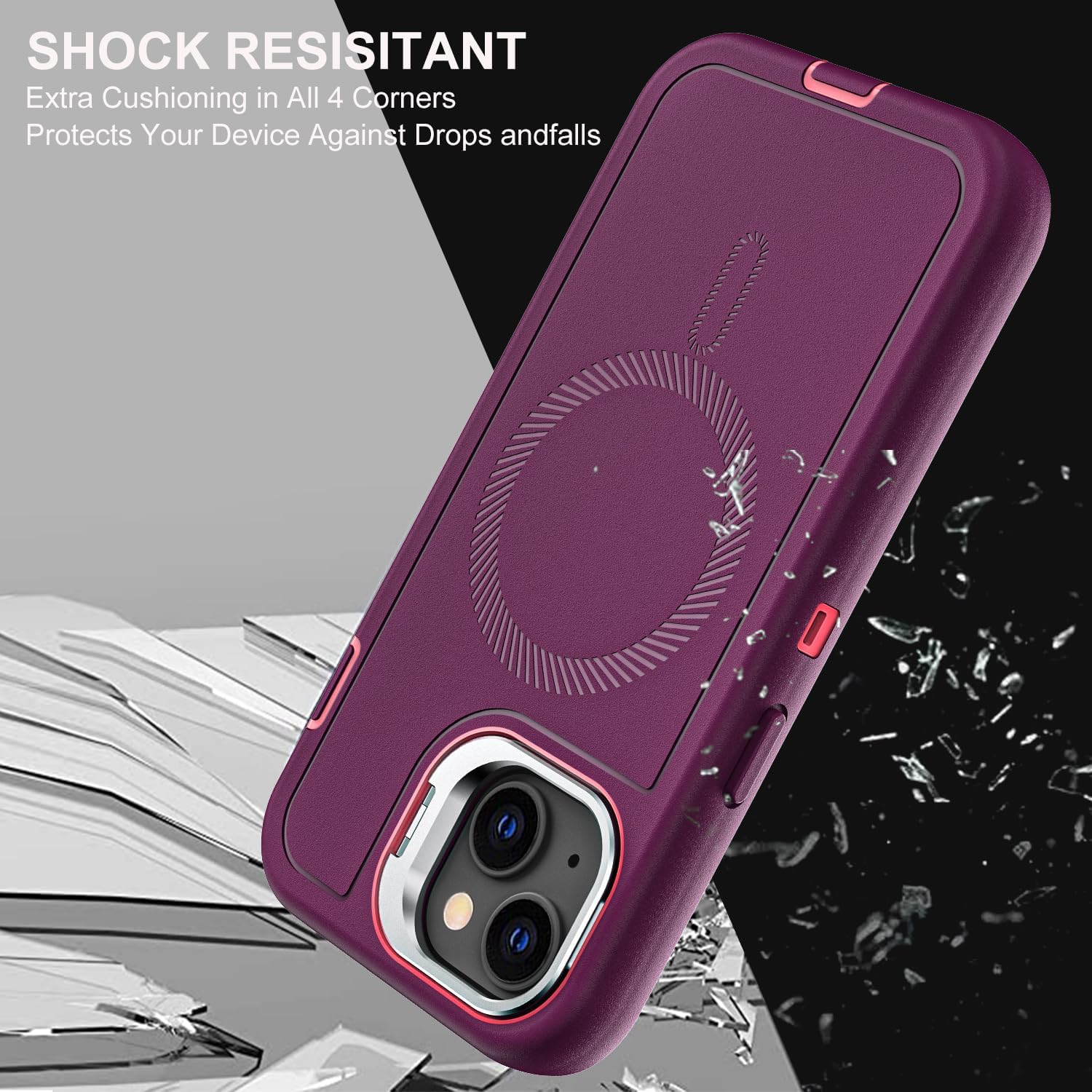 YKHJKLEC for iPhone 15 Case, Military Grade 3 in 1 Heavy Duty Shockproof/Drop Proof/Dust Proof with Kickstand Case, with 2 x Tempered Glass Screen Protector (ZJ-Purple/Pink)