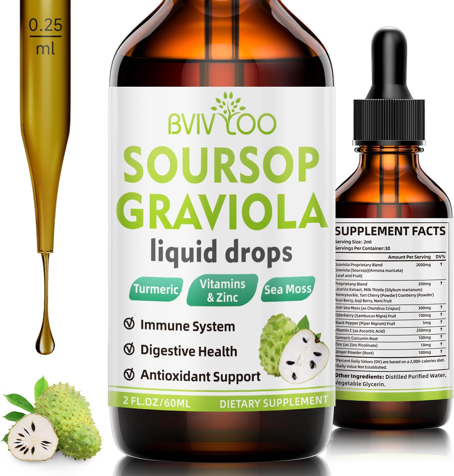 Soursop Graviola Liquid Drops - 2000mg Pure Soursop Extract Blended with 300mg Sea Moss & 100mg Elderberry - Powerful Cell Support, Antioxidant-Rich, Immune-Boosting - 2 Fl Oz (60ml) Bottle