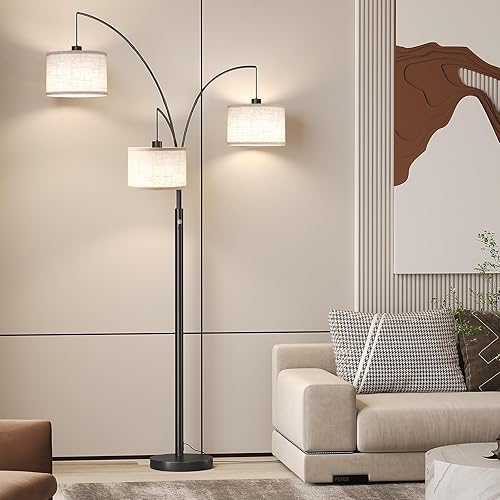 Miniatura 5 de SUNMORY Lámpara de pie de 3 luces para sala de estar, lámpara de pie de 78 pulgadas de alto con pantalla de tambor colgante, lámparas de pie de arco
