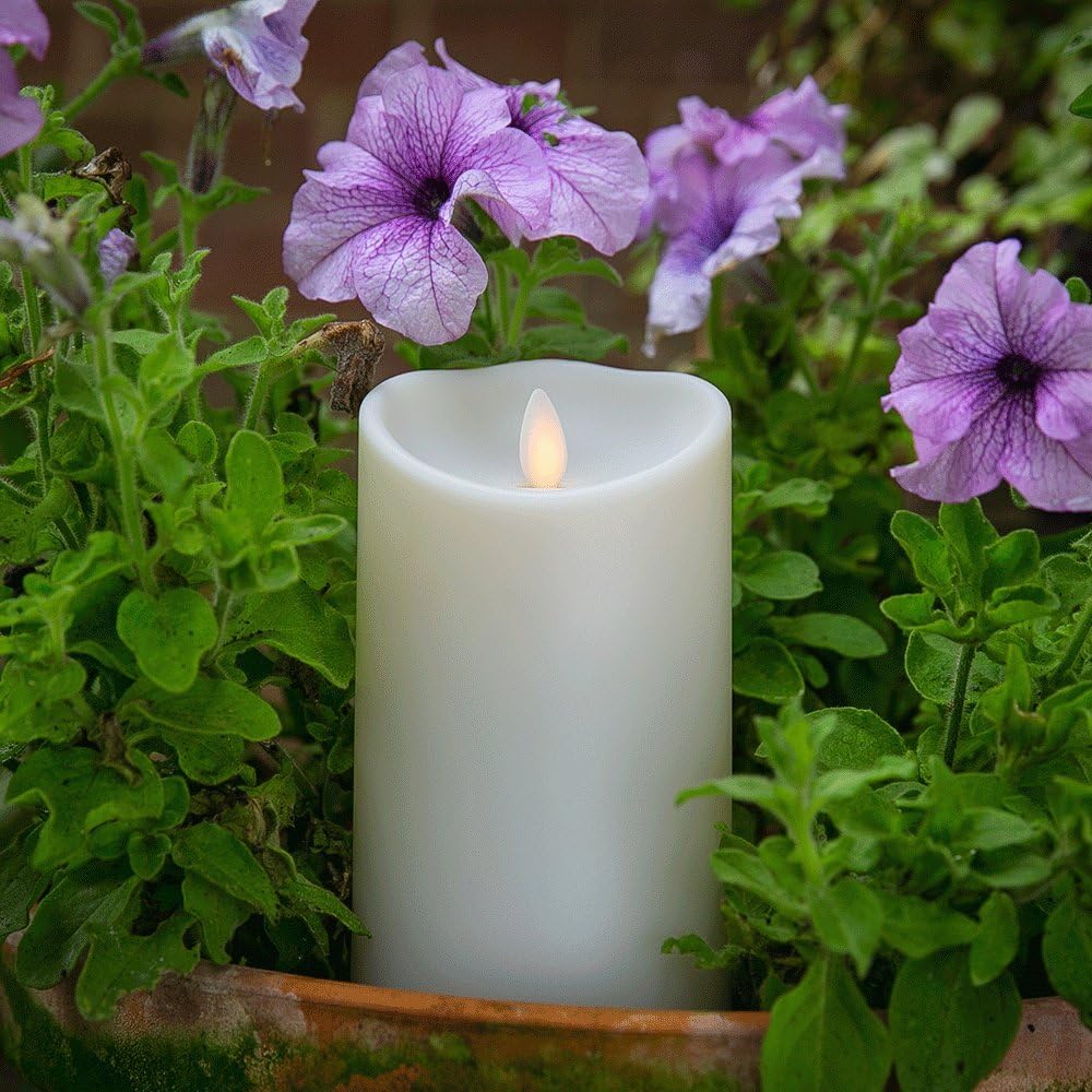 Luminara Outdoor Flameless Candle: Plastic Finish, Unscented Moving Flame Candle with Timer (5" Ivory)