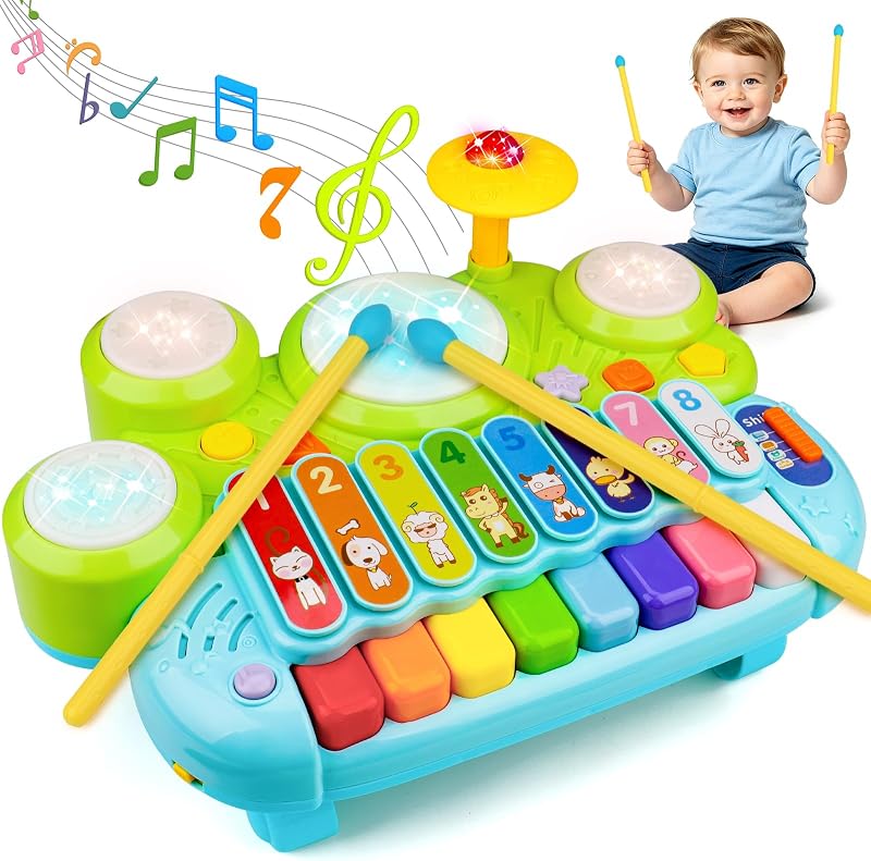 Juego de batería de piano para bebés para niños pequeños, mesa de DJ para bebés 3 en 1, juguetes musicales, teclado de piano, xilófono, instrumentos de batería para niños y niñas, mesa de actividades ligeras y musicales, regalos de primer cumpleaños para bebés