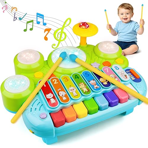 Baby Musical Toys 3 in 1 Piano Keyboard Xylophone Drum Set for 1 Year Old Girls Boys Toys Age 2 Music Instrument Learning Toys Toddlers 1-3 0-2 First Birthday Gift Infant Baby Toys 6 9 12 18 Month