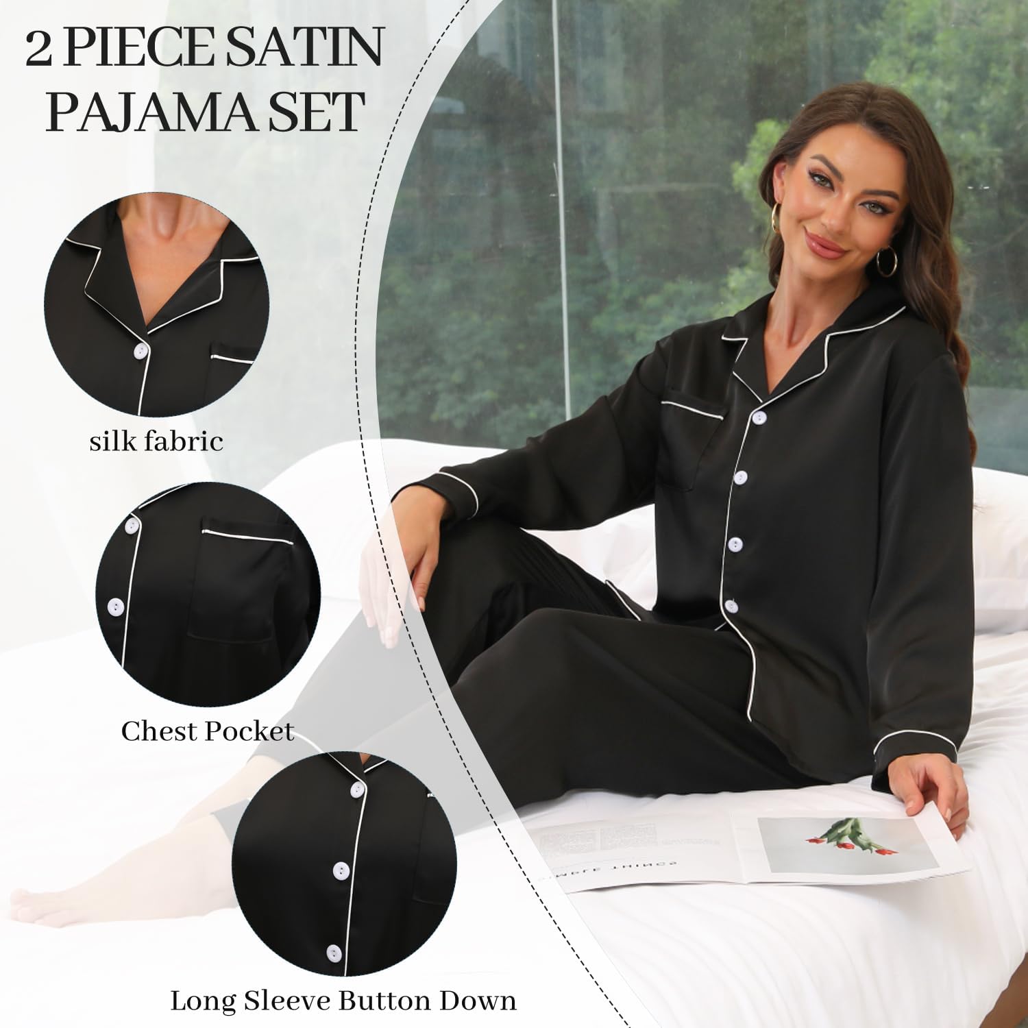 Satin Pajama Set for Women Silk Button Down Long Sleeve Sleepwear Sets Nightwear 2 Piece Lounge Pjs - Image 3