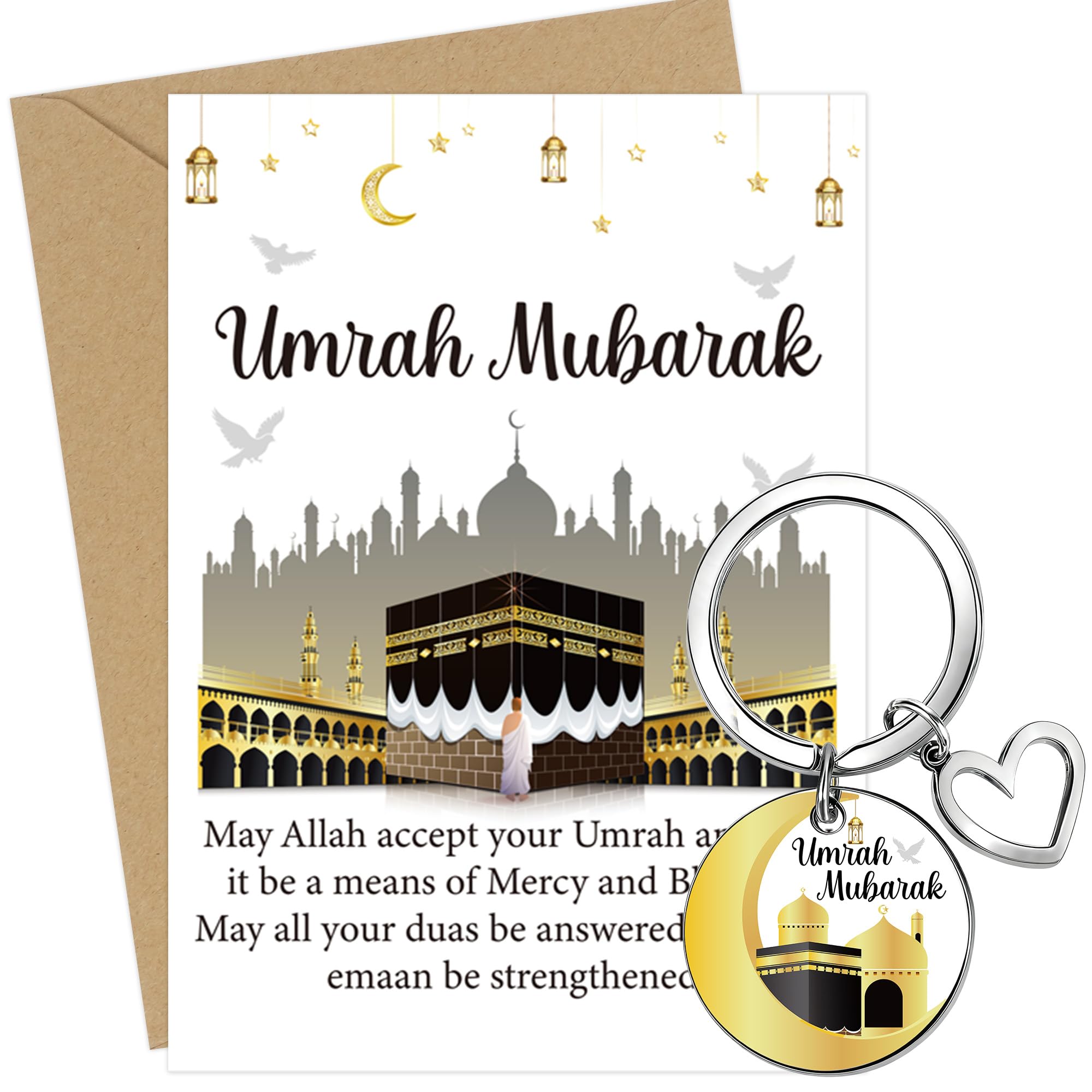Umrah Mubarak Greeting Card and Keychain, Islamic Gift for Completing Umrah, Mosque Design, Spiritual Blessings and Eid Mubarak Gift