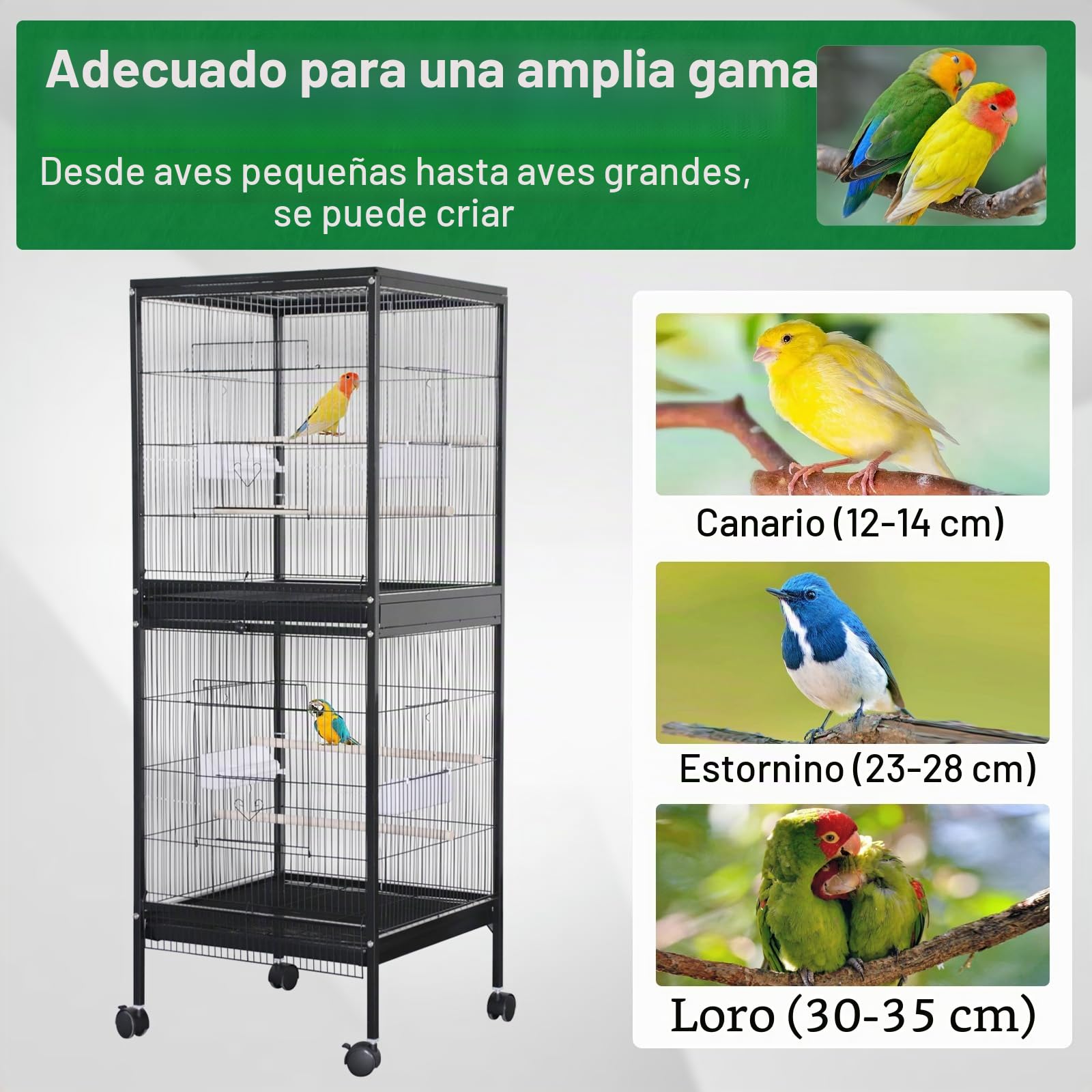 Jaula Para Pájaros Apilable De Doble Piso - Panorámica Giratoria 360°,Hierro Resistente, Zona De Juego Superior,Ruedas y Bandeja Extraíble - Fácil De Limpiar,Ideal Para Periquitos, Canarios, Agapornis