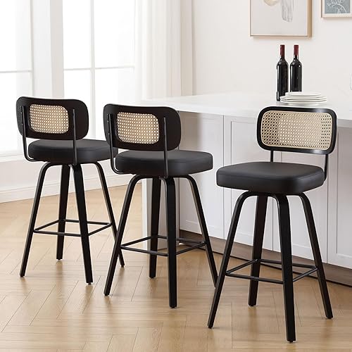 Miniatura 74 de Bekrvio Juego de 3 taburetes de bar giratorios de altura de mostrador, taburetes de bar tapizados de piel sintética con respaldo de ratán, sillas de