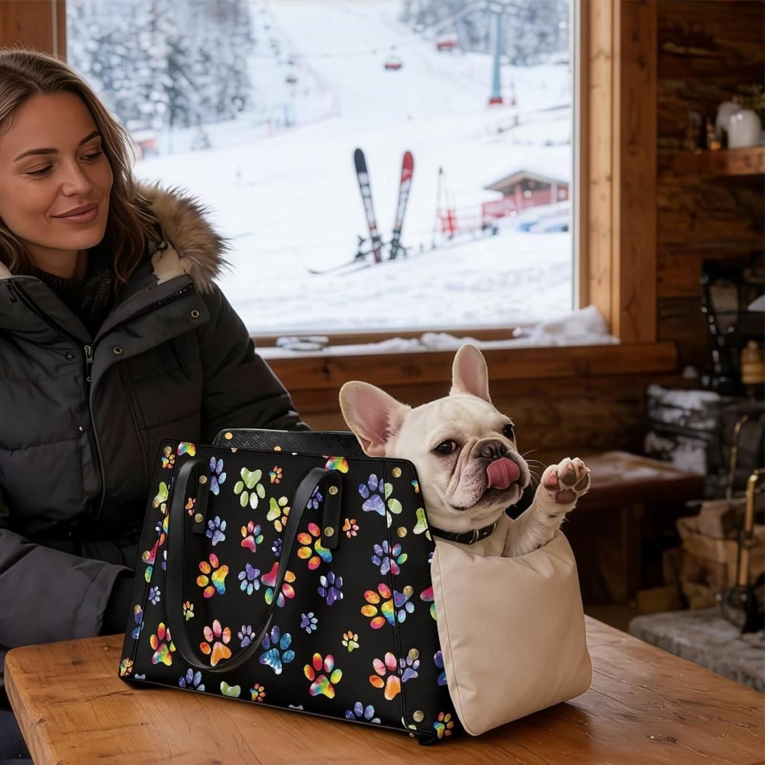 COEQINE Dog Bag Carrier Holder Travel Multicolor Paw Prints Black Large Leather Tote Bag for Women Daily Commuting Pet Tote Bag Carrier 15 Pounds,15x9x6 in