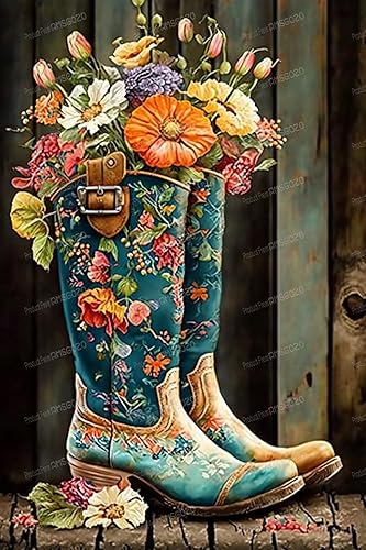 RMSGOZO Kits de pintura de diamantes de botas florales vintage, pintura de diamantes de granja, 5D de arte de diamantes redondos completos, para