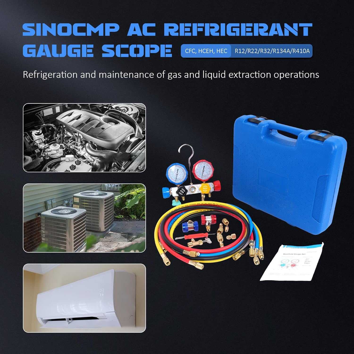 SINOCMP 4 Way HVAC Manifold Gauge Set, Ac Manifold Gauge Set for R32/R410A/R134a Gauge Set, A/C R22 R404A Diagnostic Refrigerant Gauges with Hoses Tool Kit