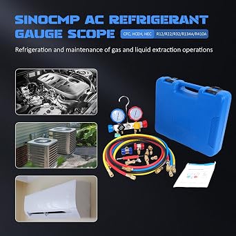 4 Way HVAC Manifold Gauge Set, Ac Manifold Gauge Set for R410A/R134a Gauge Set, A/C R22 R404A Diagnostic Refrigerant Gauges with Hoses Tool Kit