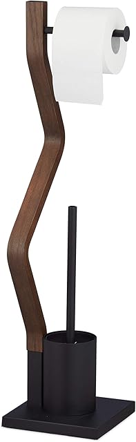 Relaxdays Standing Set Wood and Steel Toilet Roll Holder with Brush HBD 75 x 18.5 x 18.5 cm Black/Brown, 1 Item
