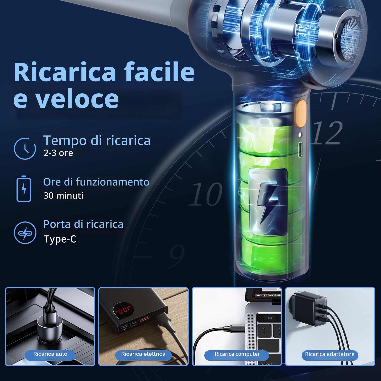 Tiazhan Aspirapolvere manuale, 15000 Pa, potente aspirapolvere a mano, 4 in 1, leggero soffiatore di polvere e aspirapolvere, display a LED, mini aspirapolvere ricaricabile USB, per auto (Blu)