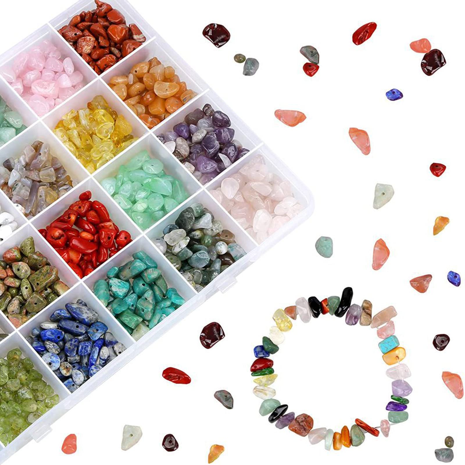 Naturalne Chipsy Kryształowe Nieregularne Kamienne Koraliki Zestaw Z Metalowym Koralikiem I Sznurkiem Elastycznym Do Robienia Biżuterii Rękodzieło(Color:re)