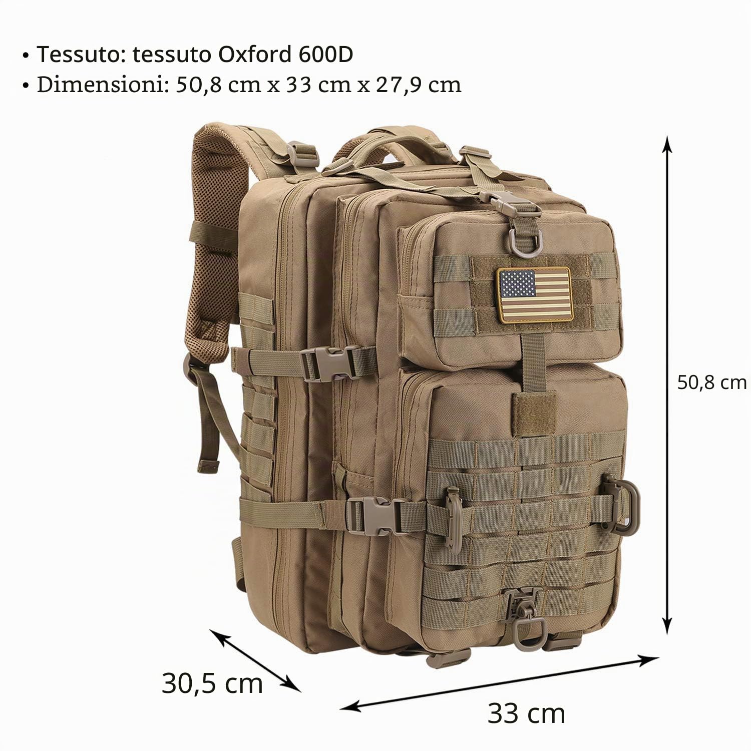 Hannibal Tactical Molle Assault Pack - Zaino tattico militare da campeggio, da 3 giorni, Coyote, 40L