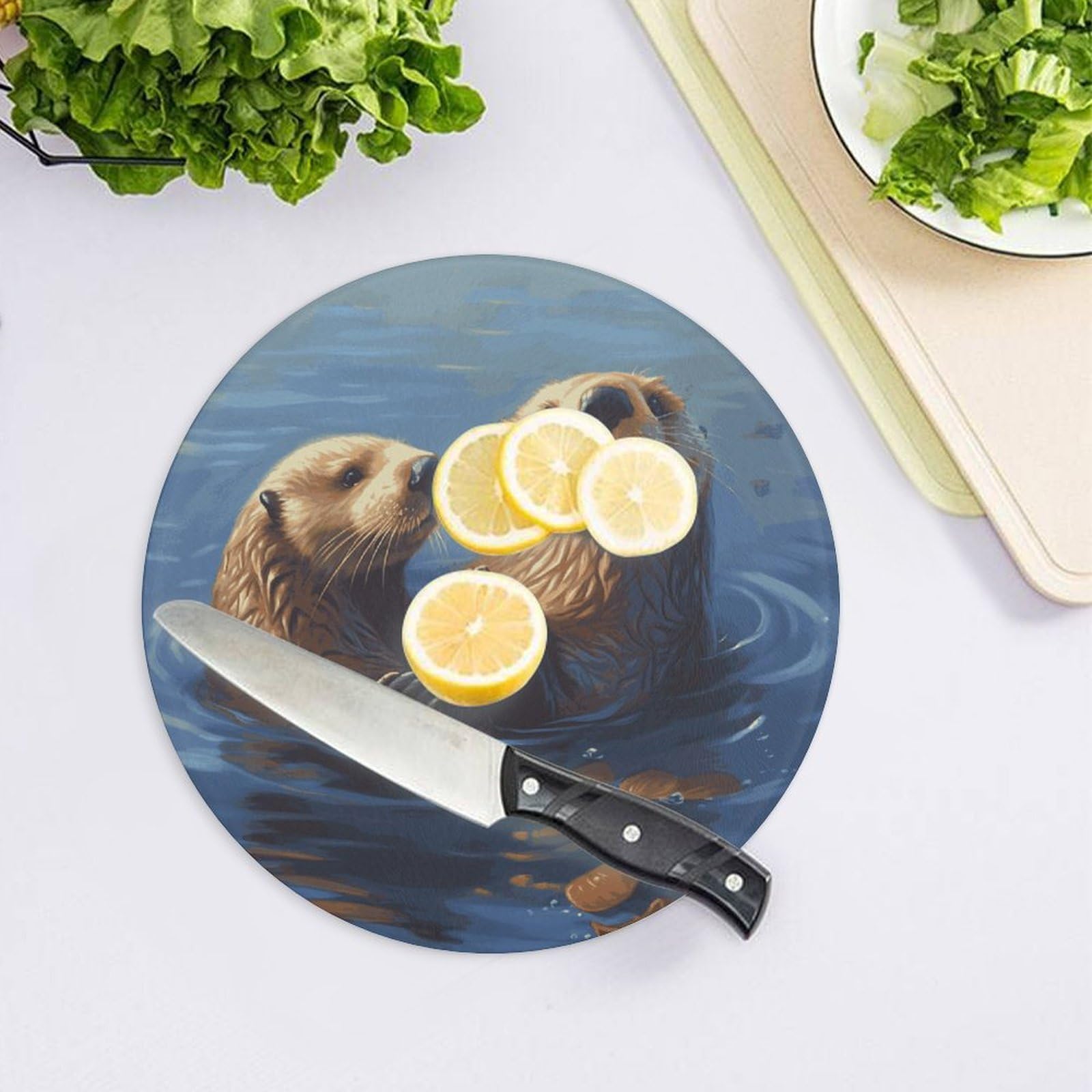 Tabla de cortar redonda para pintar nutrias marinas, fácil de limpiar, tablas de cortar para cocina, tamaño grande 7.9, tablas de cortar esenciales de cocina, convenientes para carne y verduras