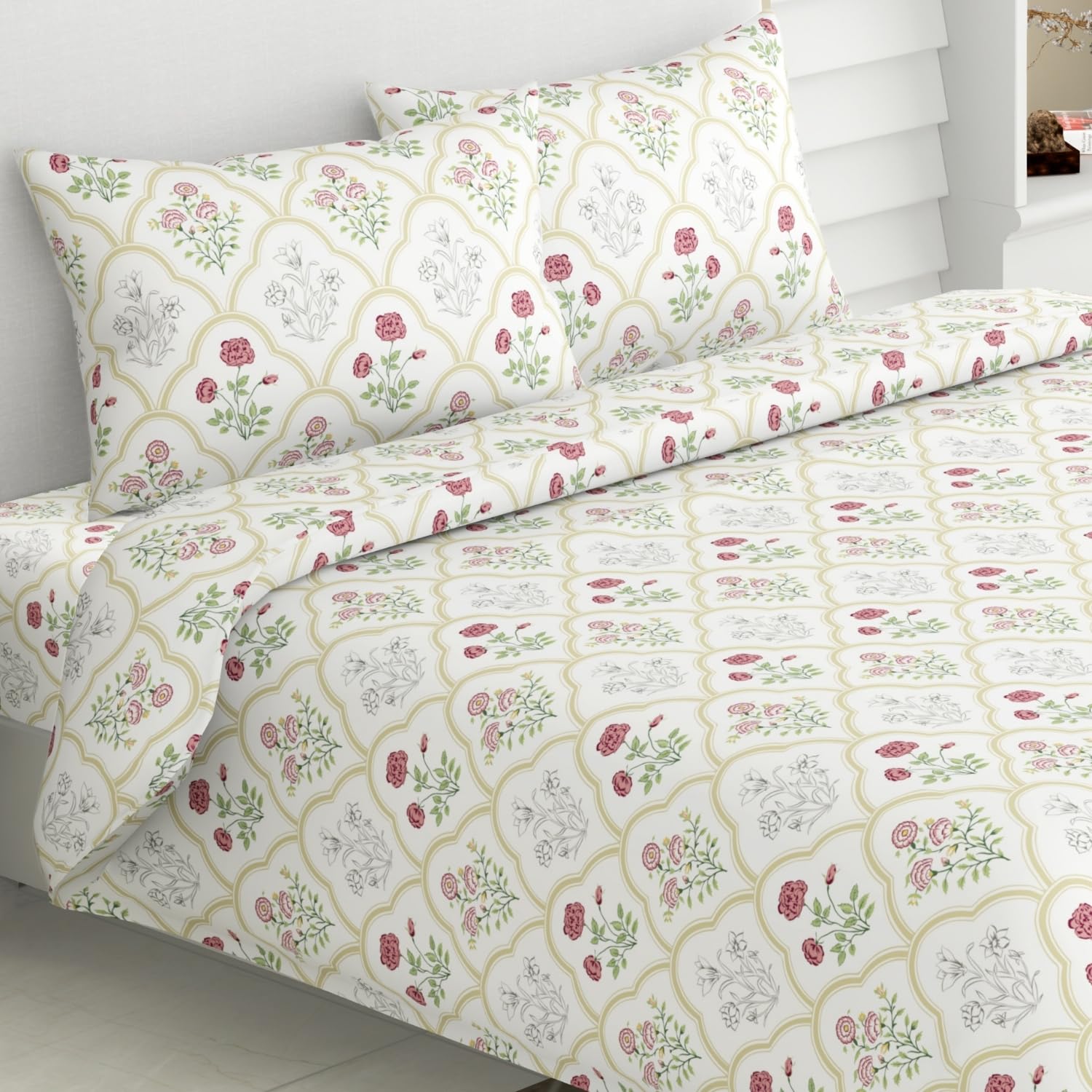 haus & kinder King Size Bedsheet with 2 Pillow Covers, 186 TC Cotton Bedsheets for Double Bed King Size 108X108 Inches Flat Bed Sheet | Rose Serenity