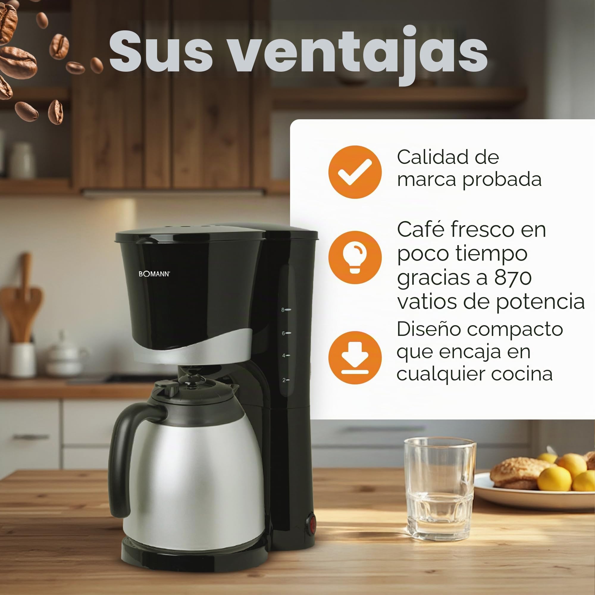 Bomann® Cafetera para 8-10 tazas de café de filtro, cafetera con jarra térmica, parada por goteo y desconexión automática, filtro extraíble, indicador de nivel de agua aprox. 1 litro - KA 168 CB negro