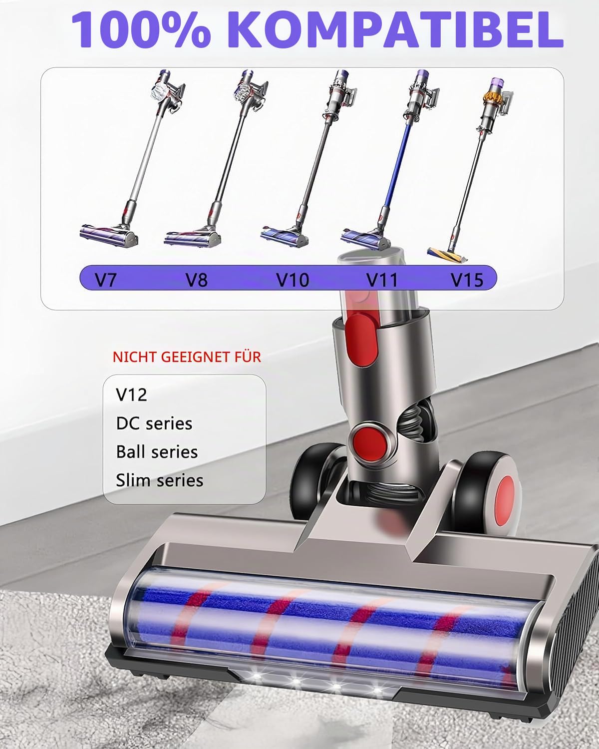 Staubsaugerkopf-Ersatz für Dyson V7 V8 V15 V10 V11 SV14 SV12 SV11 SV10 Staubsauger mit 4 LED-Scheinwerfern und 2 Ersatz-Bürstenrollen, Bürstenkopf-Ersatz für Hartholzböden und Teppiche, Aufsatz