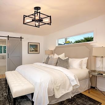 Black Ceiling Light Living Room, 4 Lights Industrial Semi Flush Mount Ceiling Lights, Vintage Black Chandeliers Ceiling Light for Kitchen, Bedroom, Dining Room, Lounge, Hallway