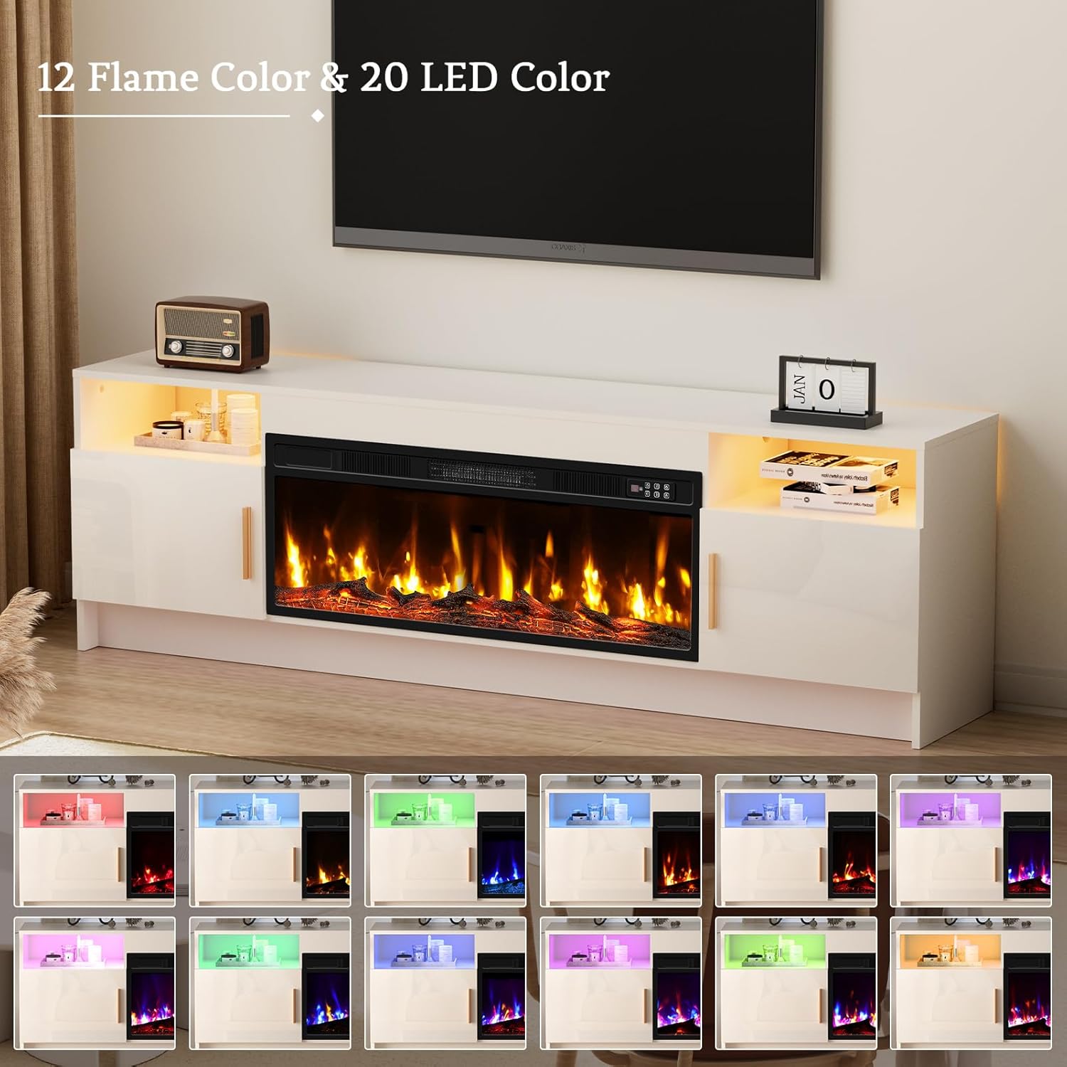 Kucreiheat Fireplace TV Stand for 65-80 inch TV, Large Entertainment Center with Fireplace & LED Lights,High Gloss Living Room Storage Cabinet, White, 70''(Log)