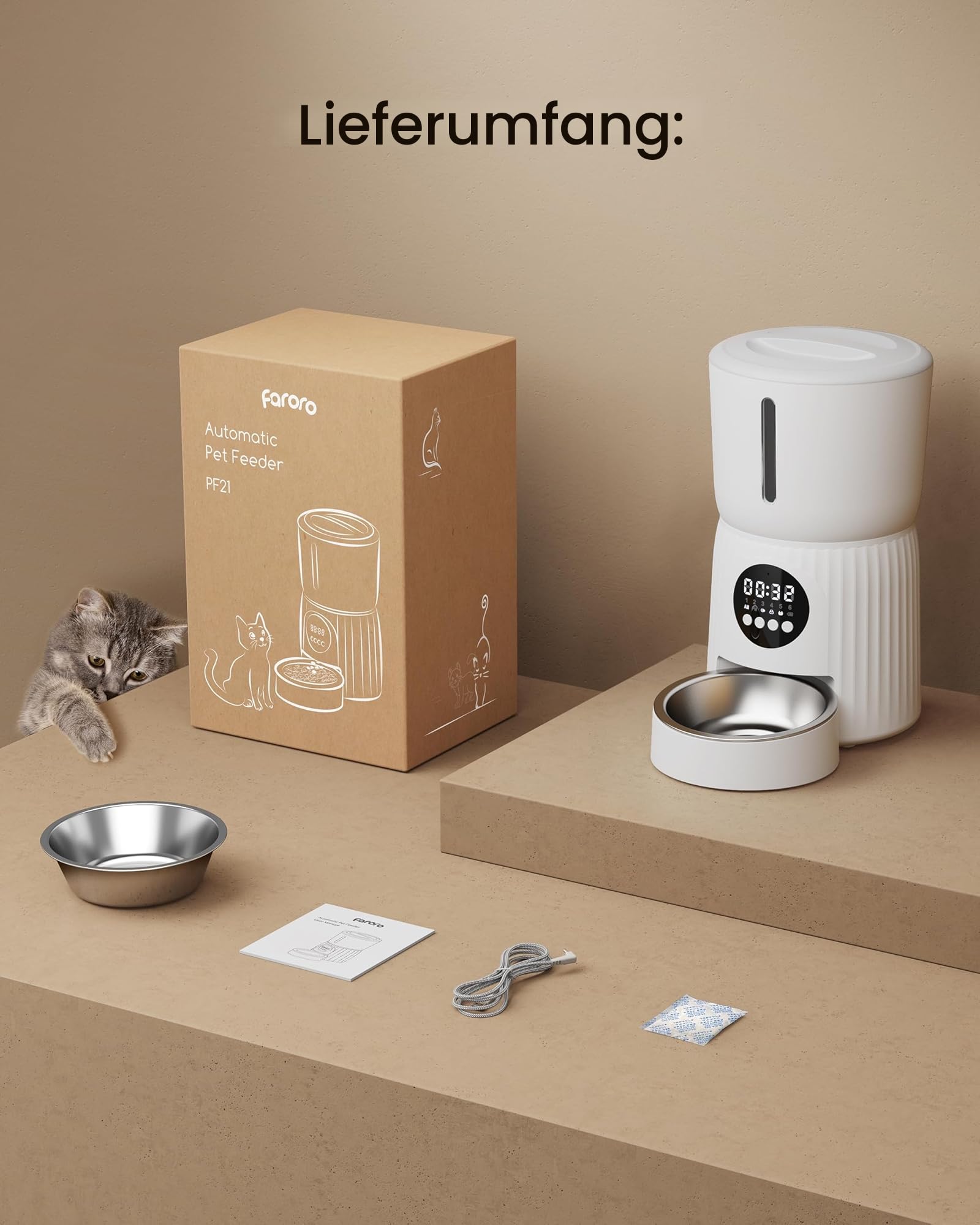 Faroro 4L Futterautomat Katze, Katzenfutter Automat mit Timer, Automatischer Futterspender Hunde, Edelstahlnapf, Programmierbarer 1-6 Mahlzeiten, 10s Voice Recorder, Langsames Füttern (Weiß)