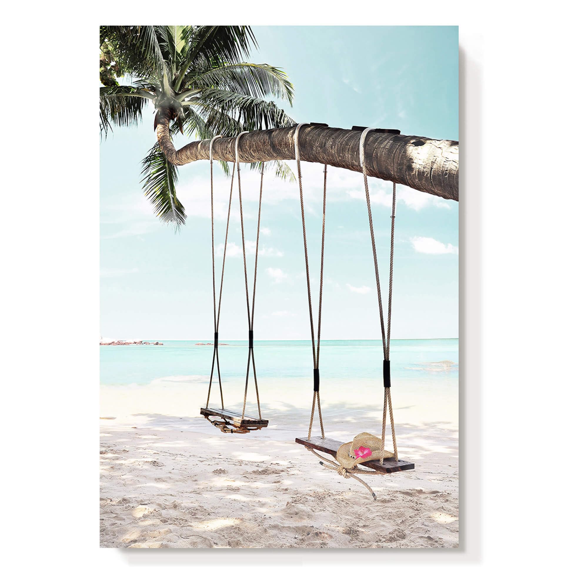Beach Coastal Canvas Wall Art: Seaside Palm Tree Painting Ocean Swing Hanging on Coconut Trees Picture Light Blue Sky Seascape Artwork Decor for Living Room Bathroom 16" x 11"