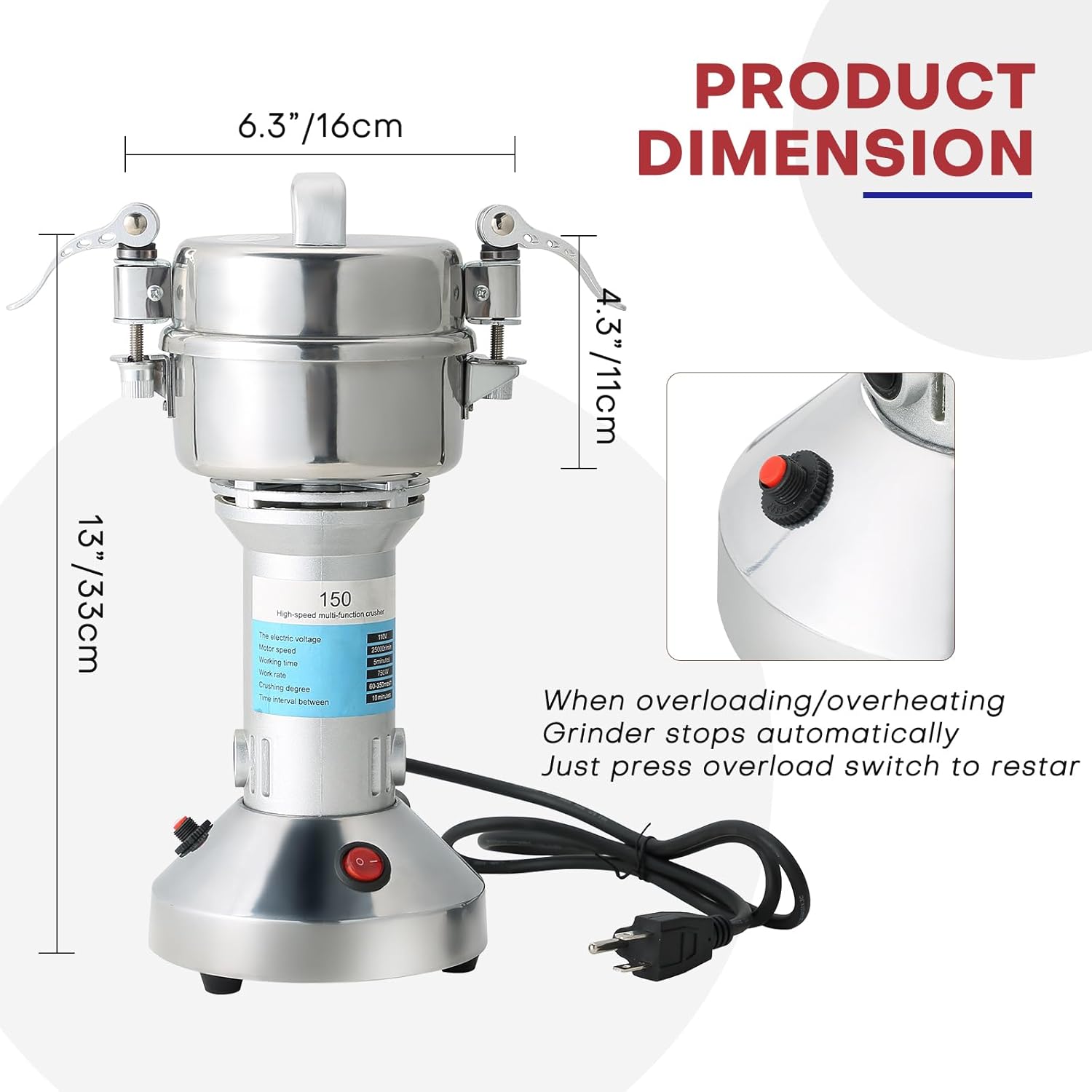 High Speed 150g Electric Grain Mill Machine Spice Herb Grinder 750W 70-300 Mesh 28000RPM Stainless Steel Commercial Grade for Kitchen Herb Spice Pepper Coffee (150g)