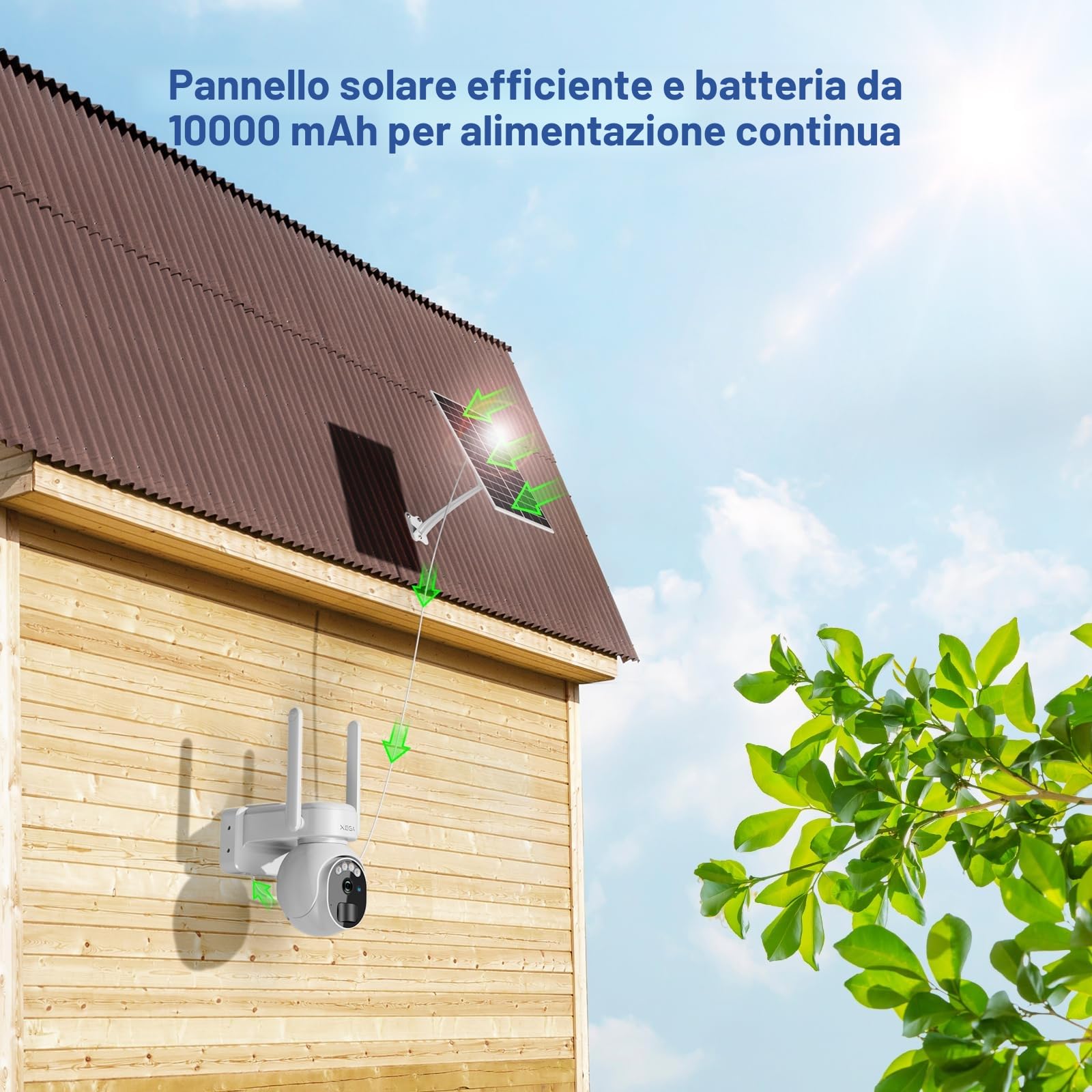 Xega 4G LTE Telecamera Solare Esterno con SIM Scheda 2K HD PTZ Telecamere Senza Fili con Pannello Solare Batterie Visione Notturna Rilevamento del Movimento Audio Bidirezionale Rotazione 355°/90°