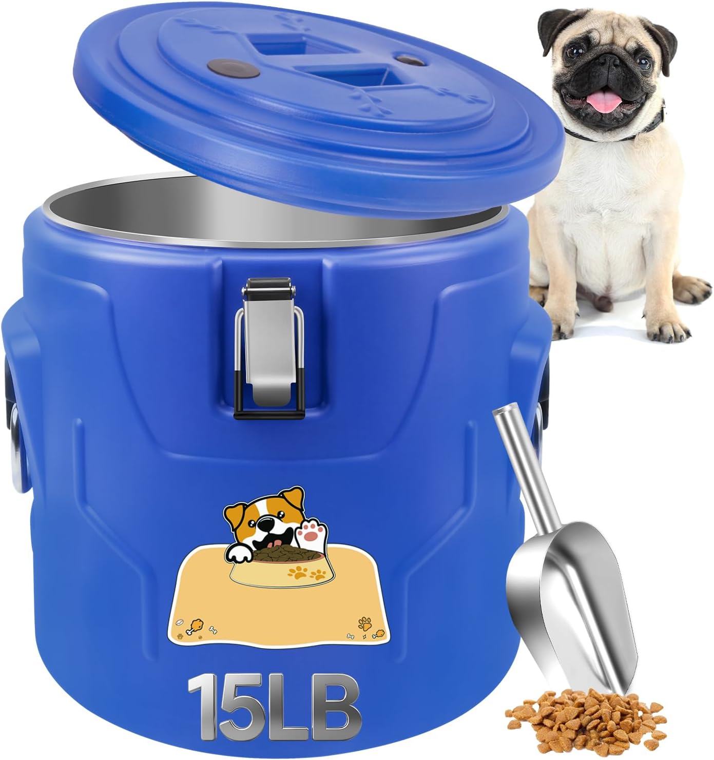 Newget 15lb Dog Food Storage Container, Stainless Steel Airtight Pet Food Storage Container and Durable Plastic Food Container, Large Metal Cat Food Container with Lid and Scoop to Keep Fresh