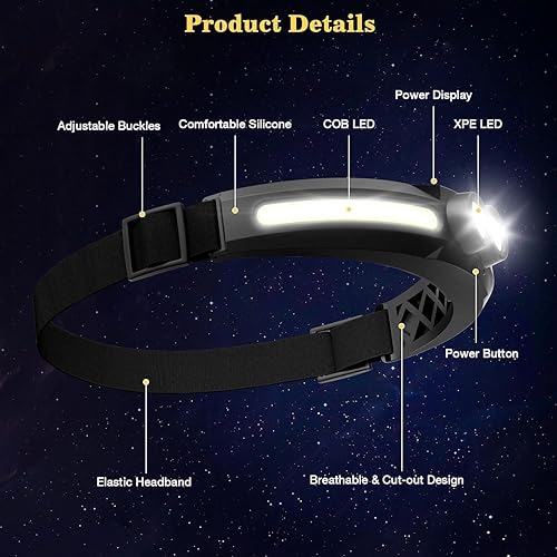 Miniatura 7 de MoKo Linterna frontal LED recargable, 2 unidades, lámpara de cabeza de haz ancho de 300, 750 lúmenes, 14 modos, luces de cabeza, energía de espera