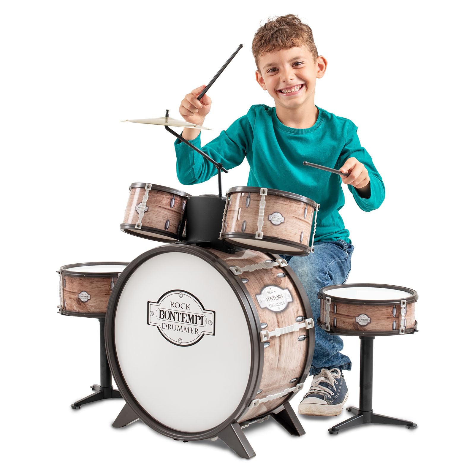 Bontempi | Batteria Grancassa 6 Elementi con Sgabello e 2 Bacchette, Suono Realistico, 700x400x800mm, Gioco Musicale per Bambini 5+