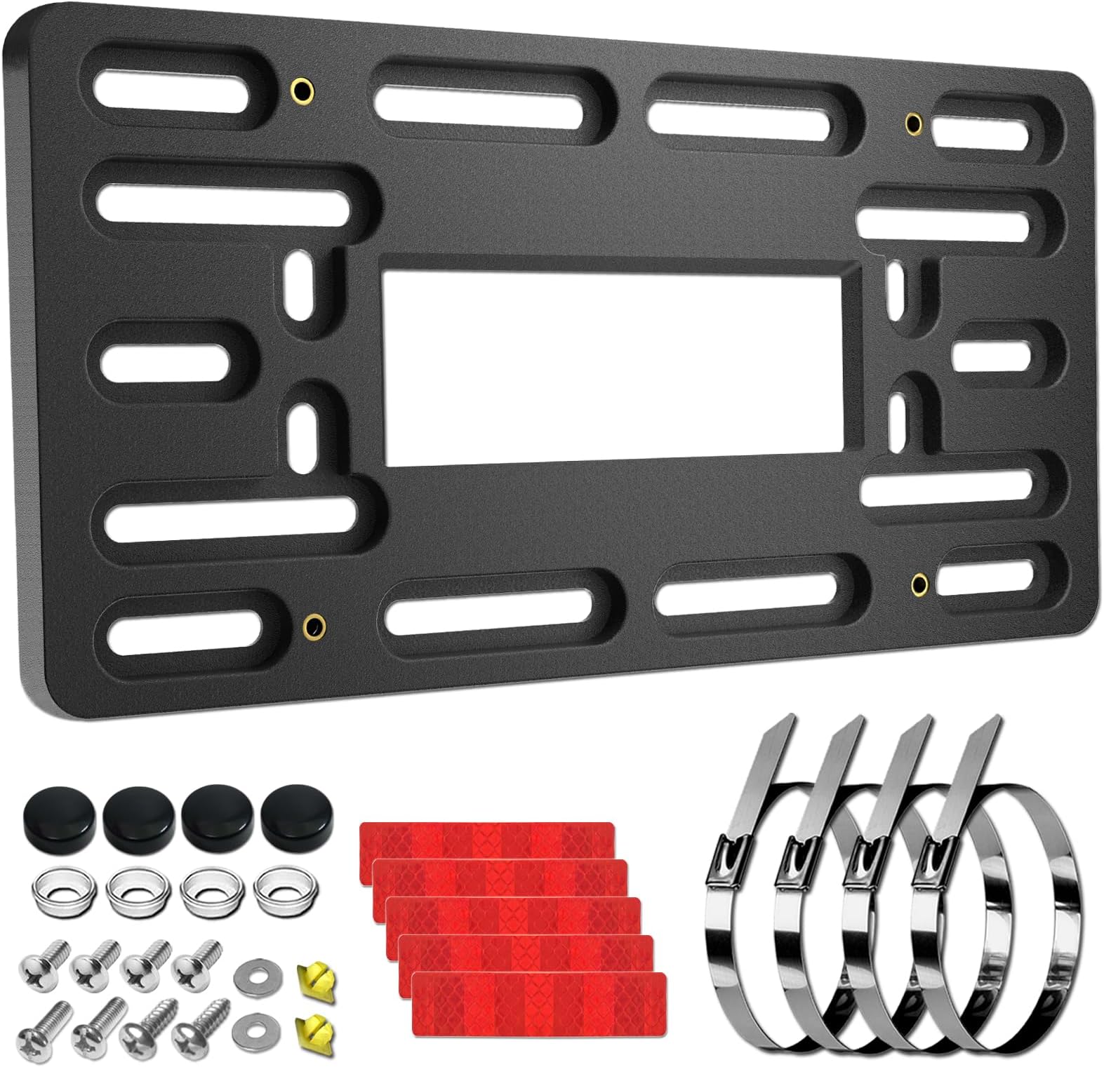 BGGTMO Front License Plate Holder Bracket - Universal Front Bumper Mounting Kit & for JDM to US Adapter, with Copper Threaded, Screws Caps and Stainless Steel Zip Ties