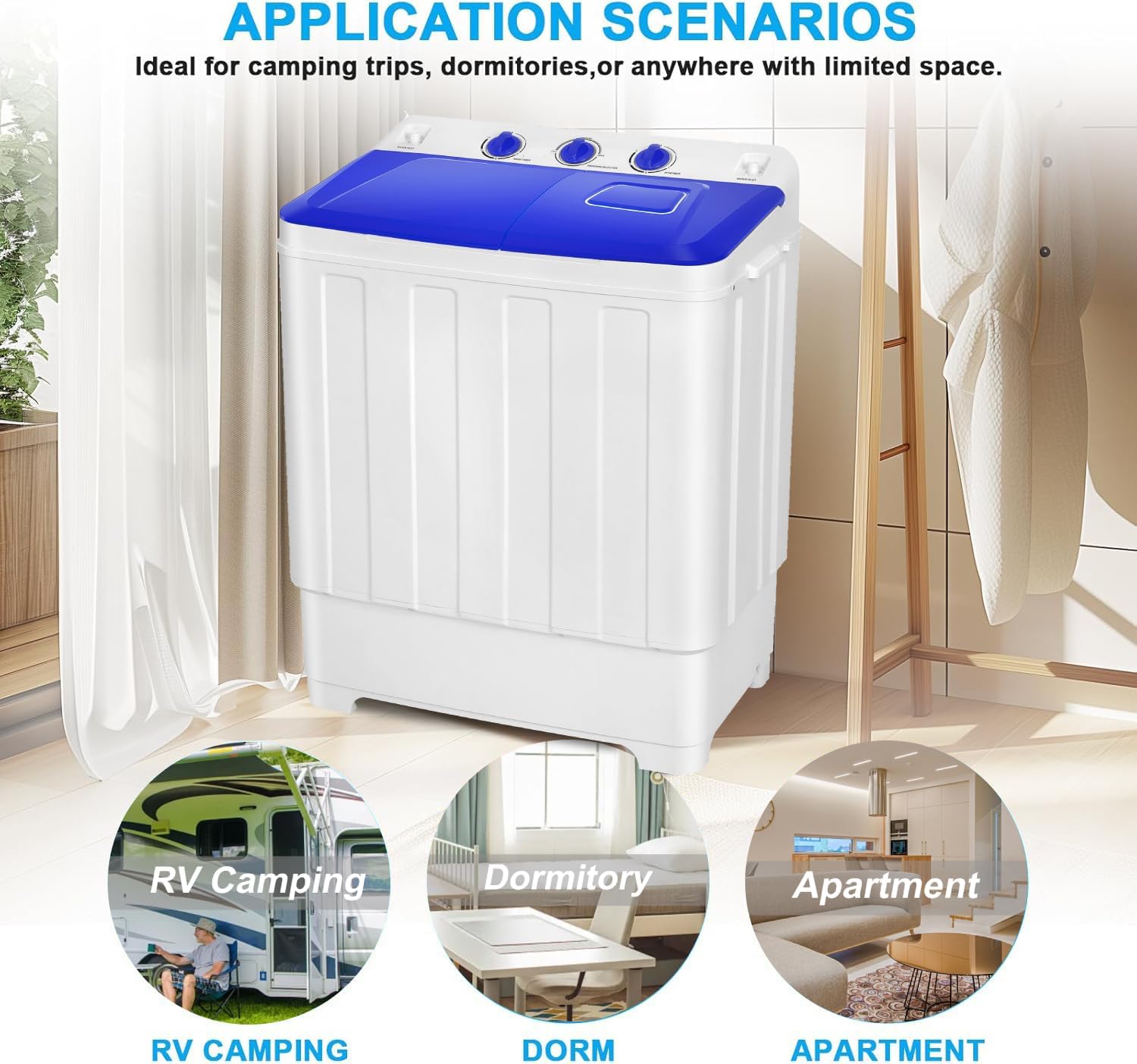 Nictemaw Portable Washing Machine 30Lbs Capacity Washer and Dryer Combo 2 In 1 Compact Twin Tub Laundry Washer (19Lbs) & Spinner (11Lbs) with Drain Pump, Time Control, for Apartment Dorms RV, Blue