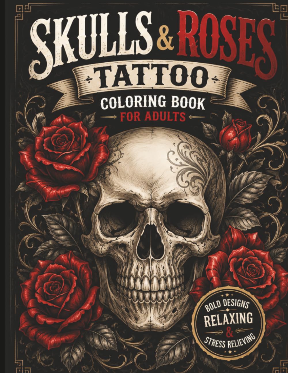 Skulls & Roses Tattoo Coloring Book for Adults: This Book Bold Tattoo-Inspired Skull Designs, Roses, Flowers, Gothic Art and Stress Relief Coloring Pages for Men and Women
