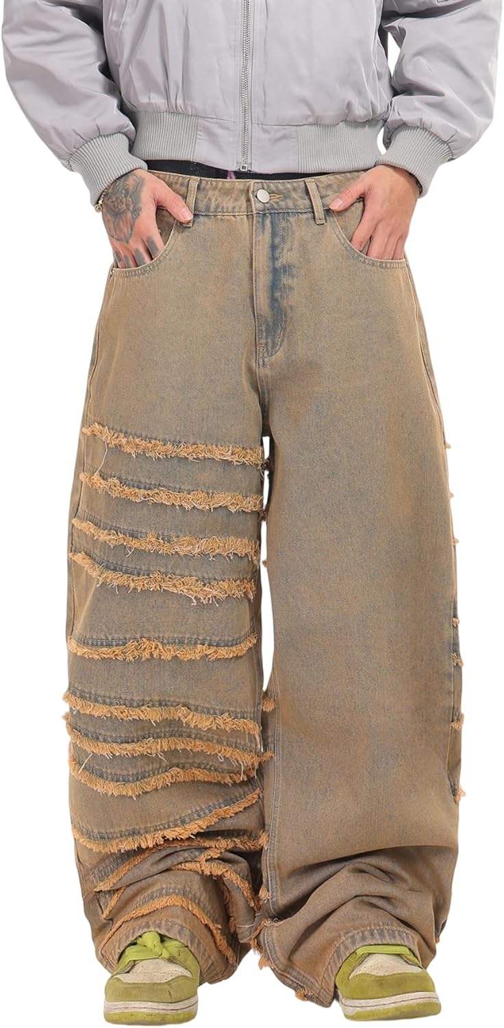 Mens Baggy Jeans Street Rock Style Fringe Frayed Edges Jeans Patchwork Wide Leg Skater Denim Pant