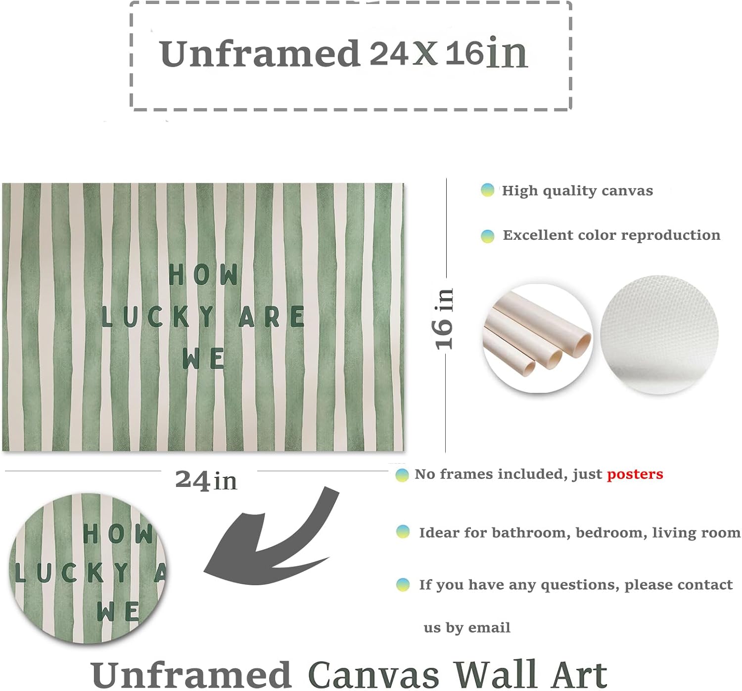 Trendy Wall Art How Lucky are We Positive Quote Inspirational Poster Canvas Print Green Preppy Wall Art Minimalist Girly Aesthetic Room Decor for Bedroom Office Apartment Dorm, Unframed 24"x16" - Image 7