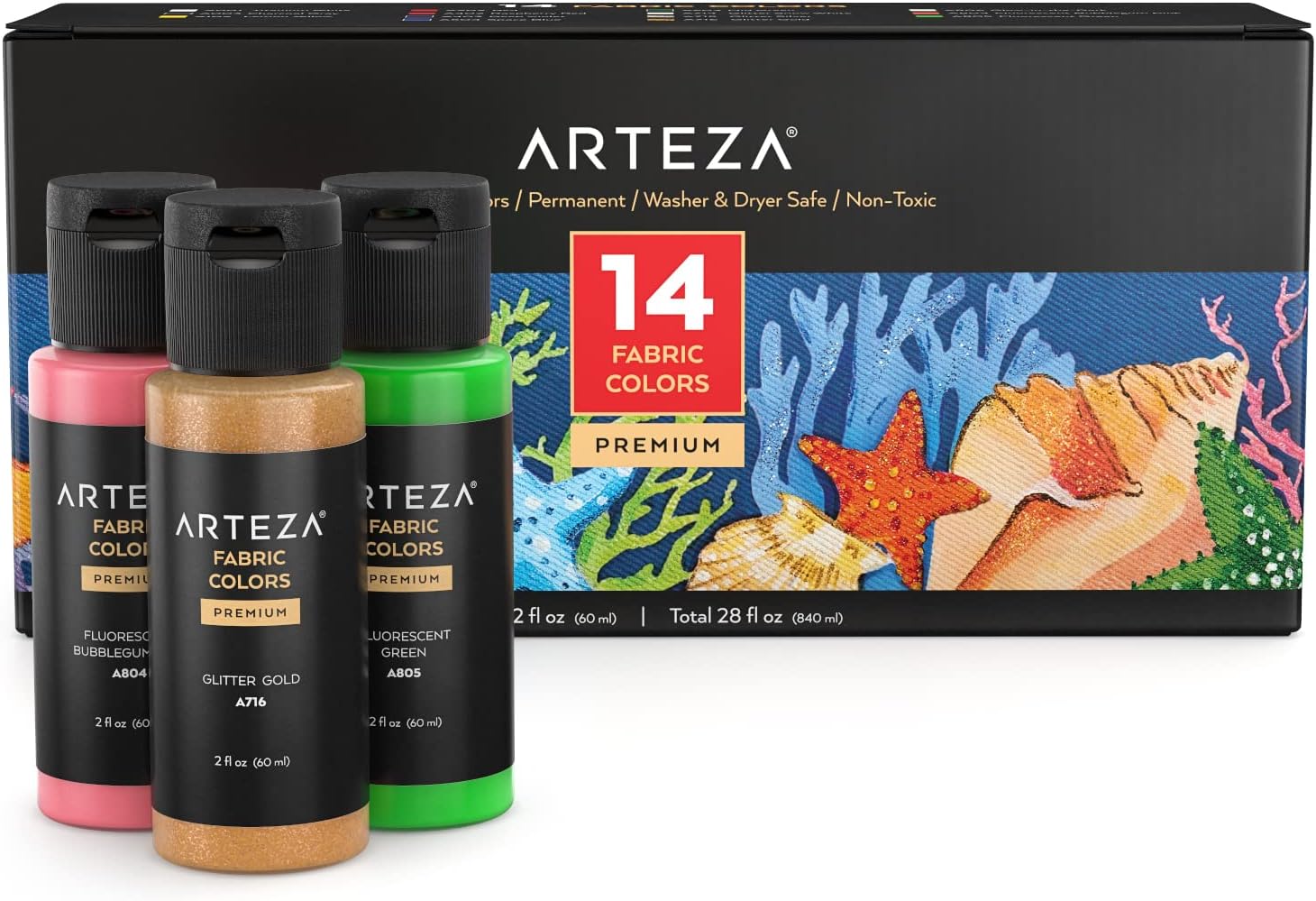 ARTEZA Fabric Paint for Clothes, Set of 14, 2 fl oz Bottles, Washable Acrylic Textile Paint, Art Supplies for Drawing on T-Shirts, Denim, Cotton, Linen, and Mixed Fabrics