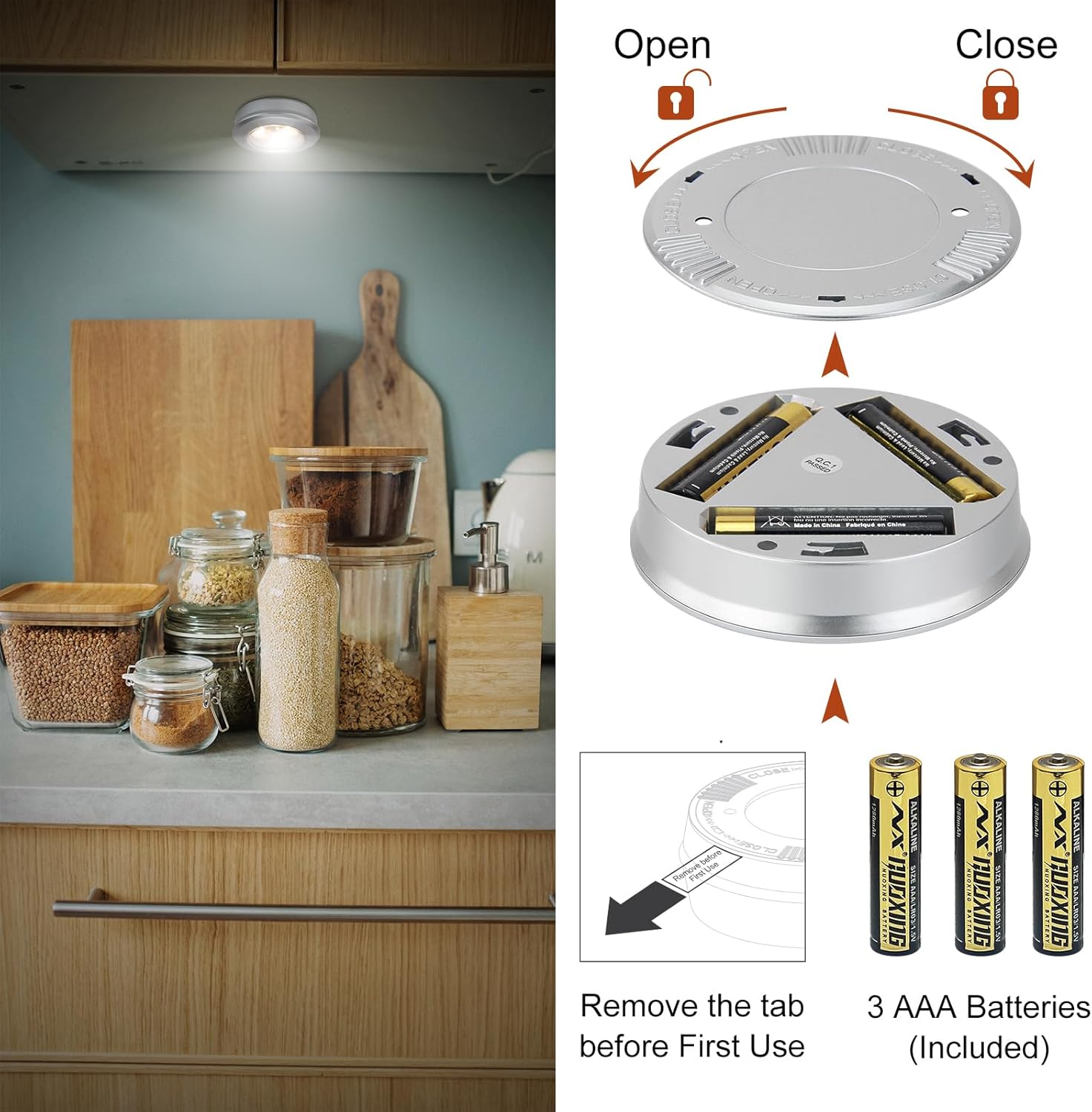LUXSWAY LED Puck Lights, Battery Operated Mini Push Light, LED Under Cabinet Lighting, Stick on Light, Kitchen Closet Counter Night Lights (Included 9 AAA Batteries, 3-Pack,Silver)